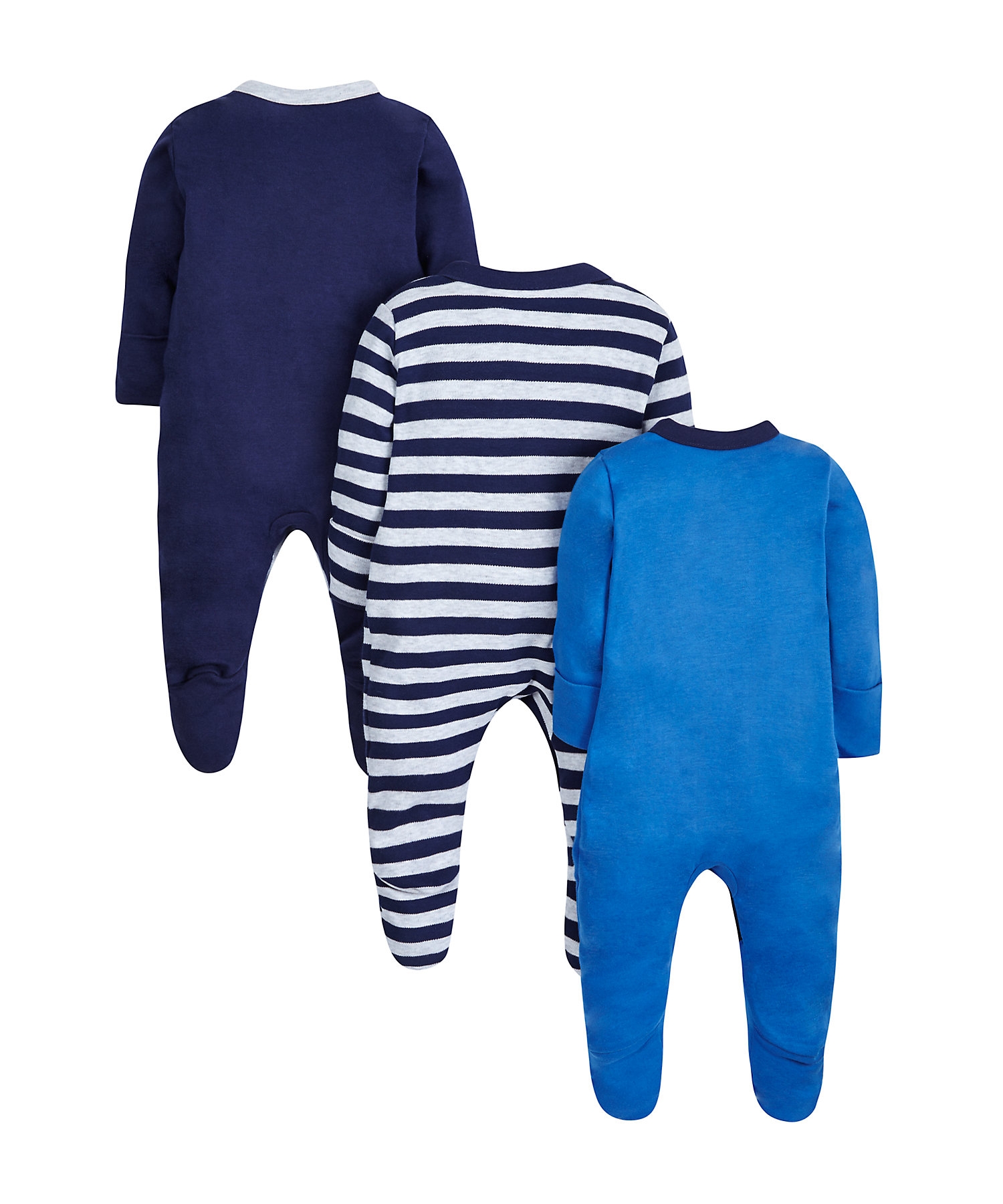 Mothercare | Boys Full Sleeves Sleepsuit Embroidered And Striped - Pack Of 3 - Blue 1