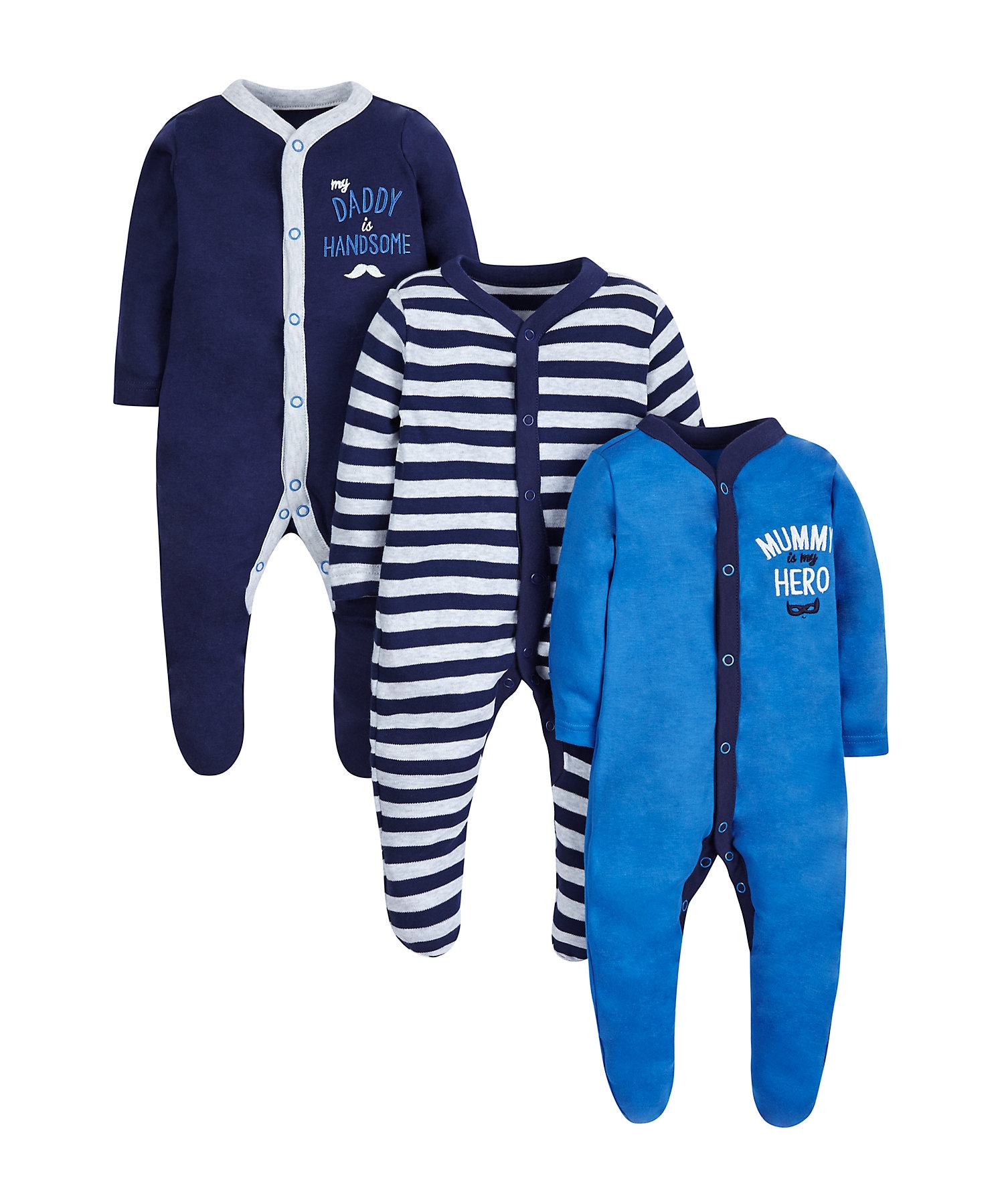 Mothercare | Boys Full Sleeves Sleepsuit Embroidered And Striped - Pack Of 3 - Blue 0
