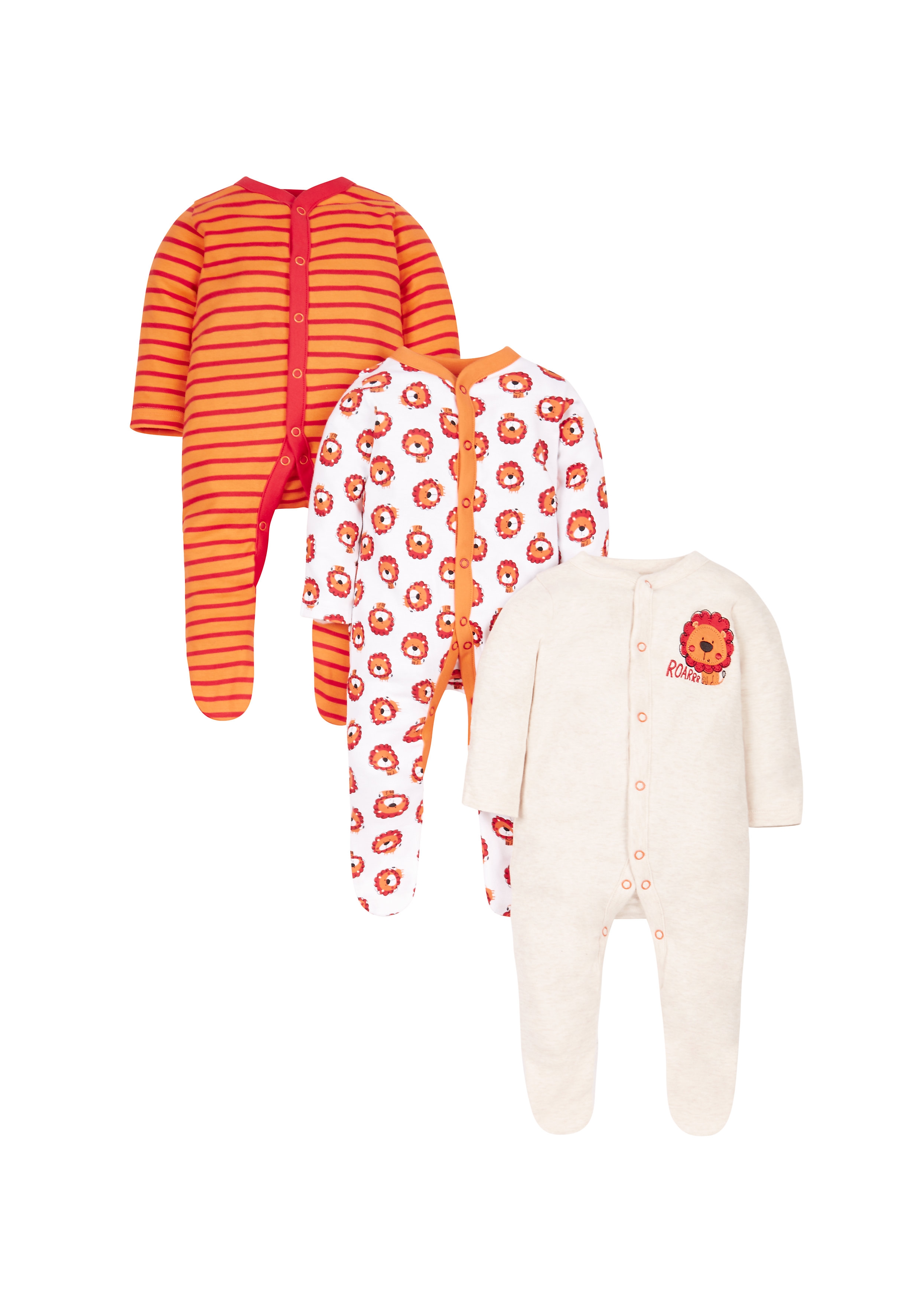 Mothercare | Boys Little Lion Sleepsuits - Pack Of 3 - Orange 0
