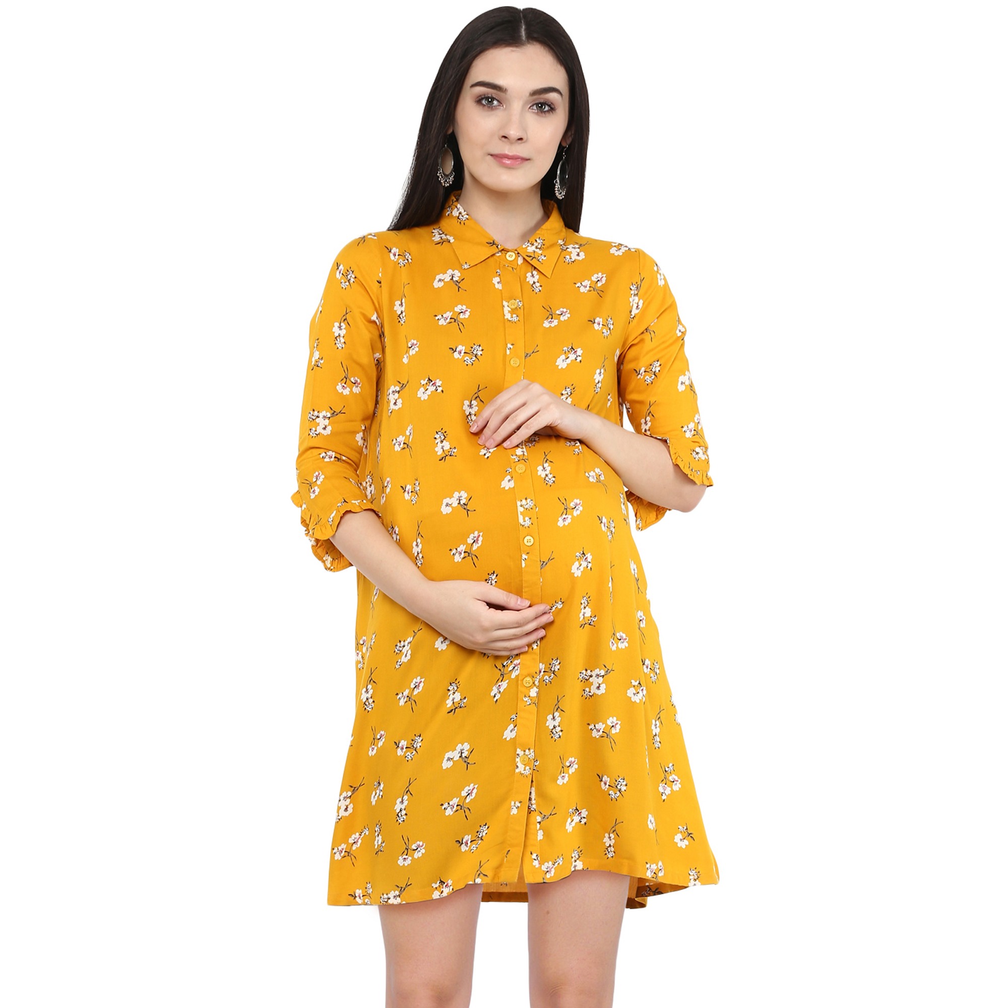 Women Maternity Three-Fourth Sleeves Floral Print Dress - Yellow