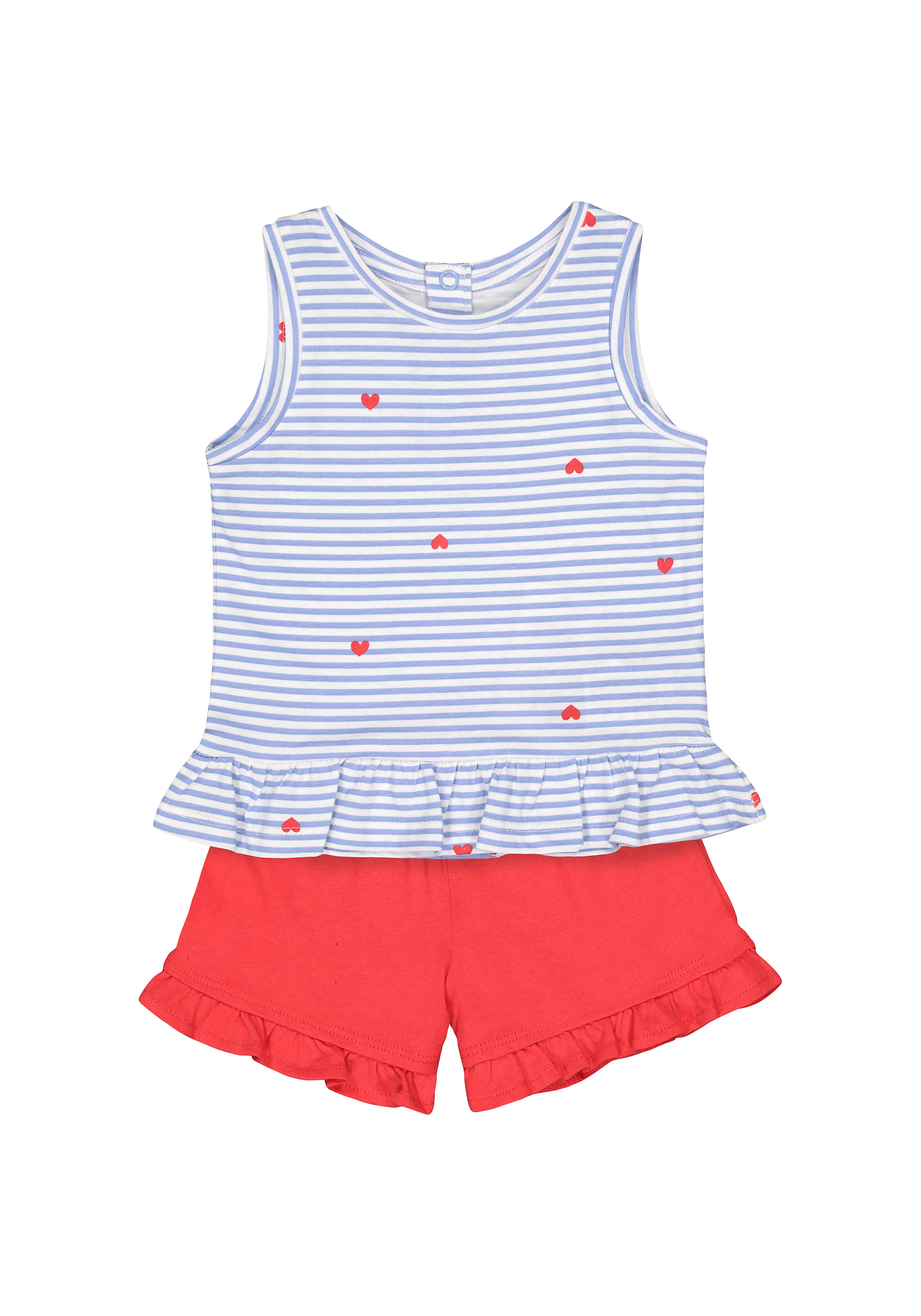 Girls Sleeveless T-Shirt And Shorts Set Stripes And Heart Print - Blue Red