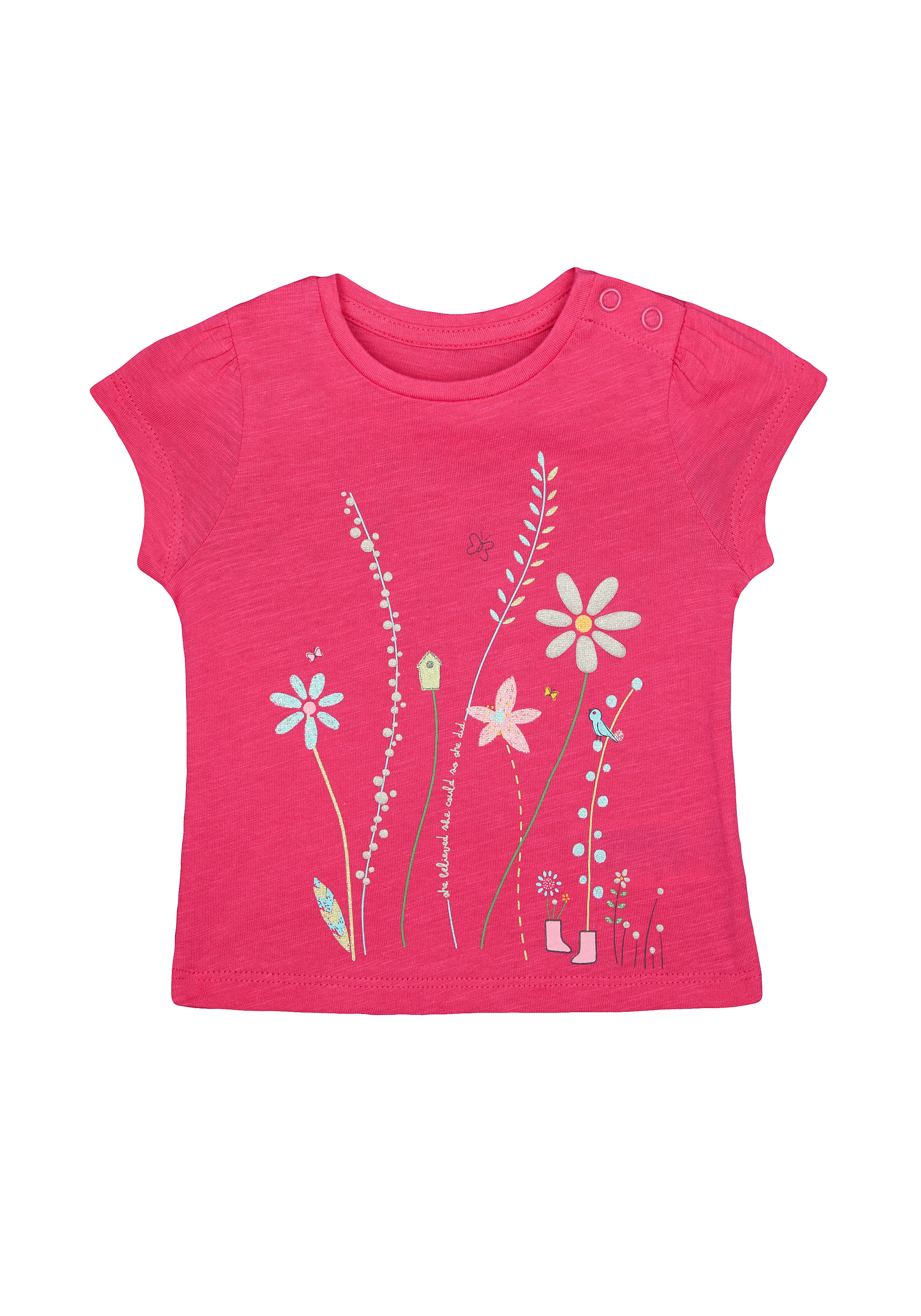 Mothercare | Girls Half Sleeves T-Shirt Glitter Floral Print - Pink 0
