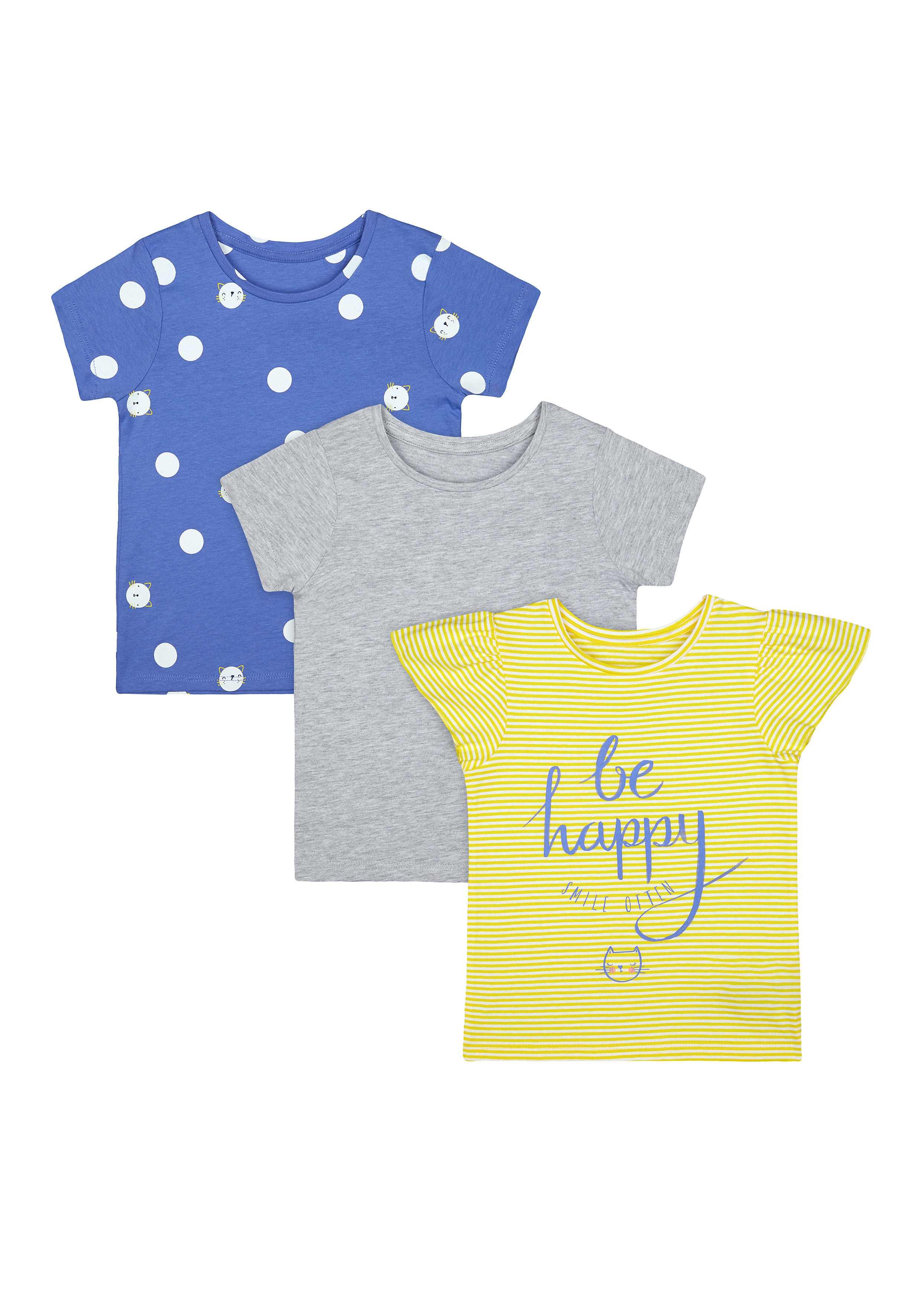 Girls Half Sleeves T-Shirt Polka Dot And Text Print - Pack Of 3 - Yellow Grey Blue