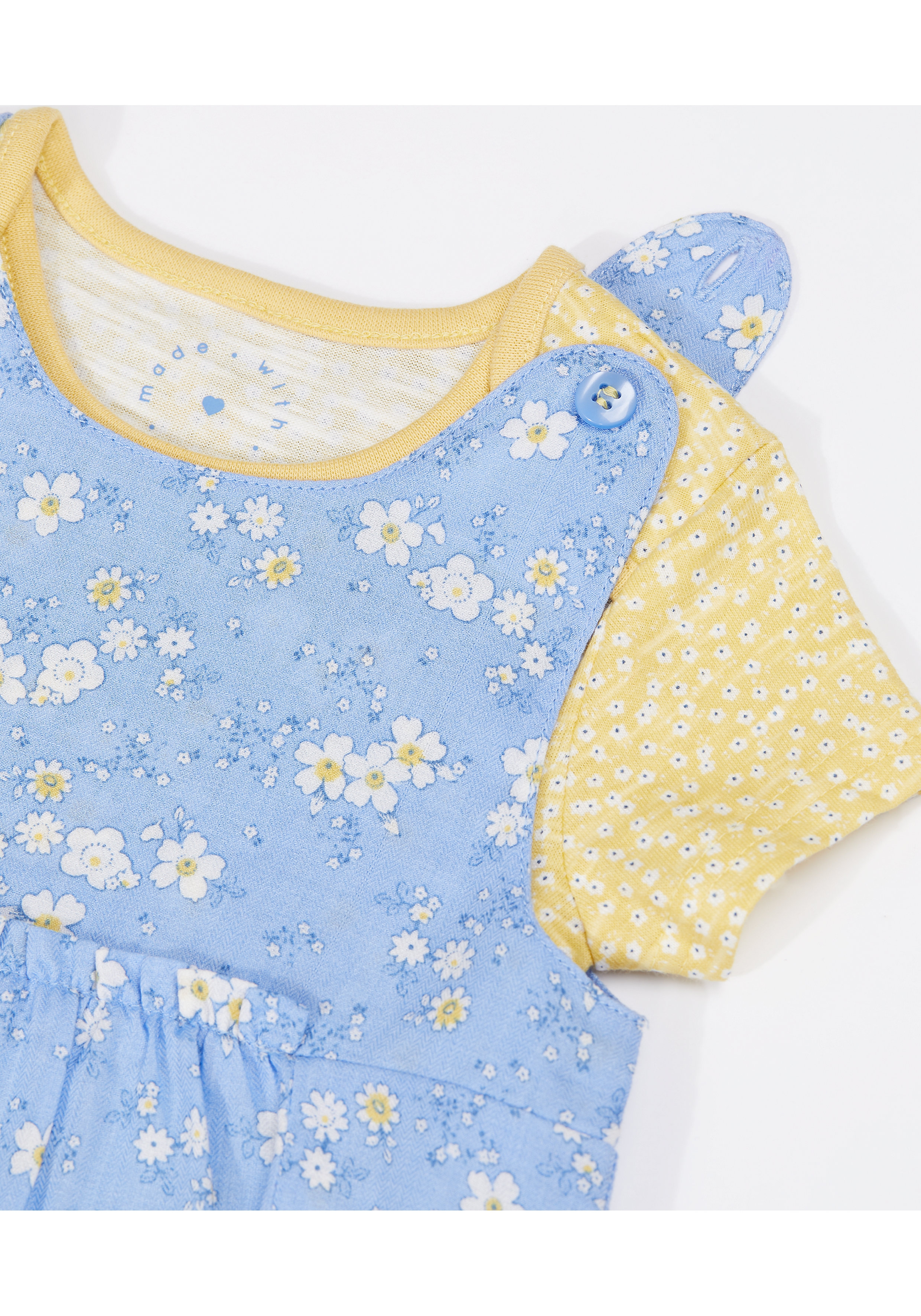 Mothercare | Girls Half Sleeves Dungaree Set Floral Print - Blue Yellow 2