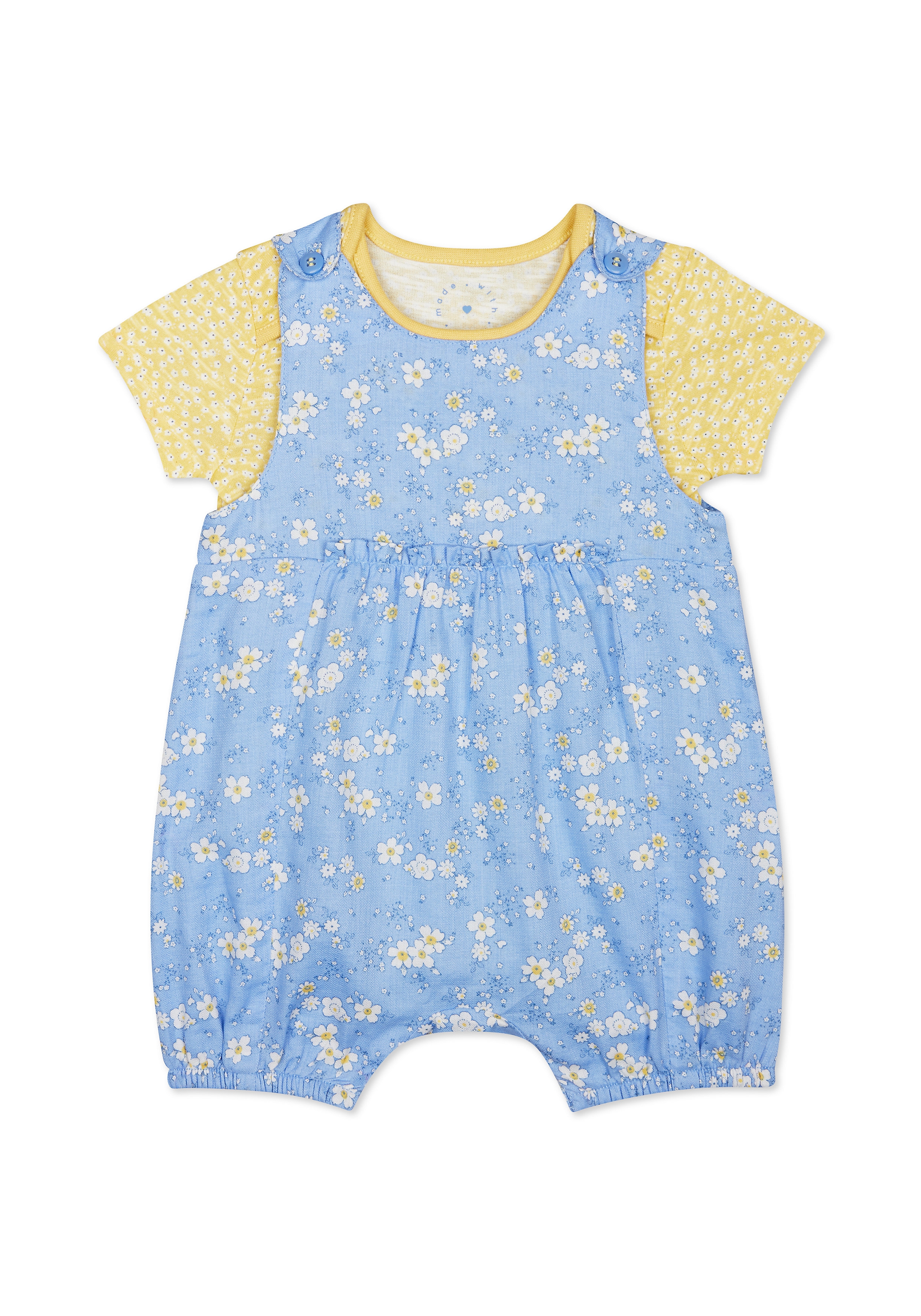 Mothercare | Girls Half Sleeves Dungaree Set Floral Print - Blue Yellow 0