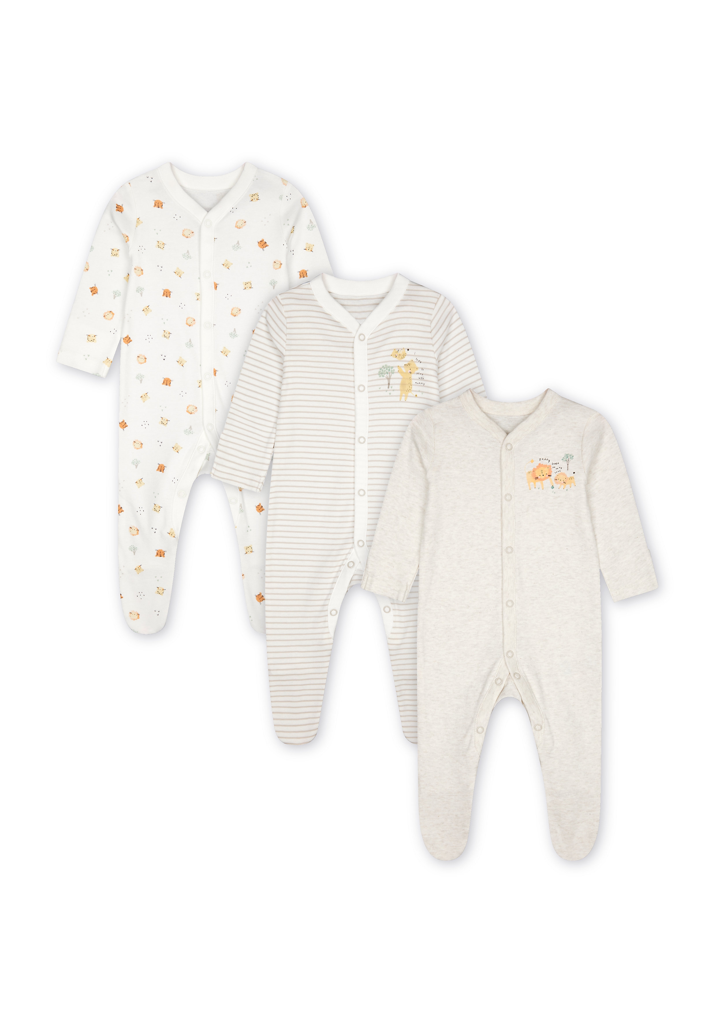 Mothercare | Unisex Sleepsuit Stripes And Animal Print  - Pack Of 3 - Cream 0