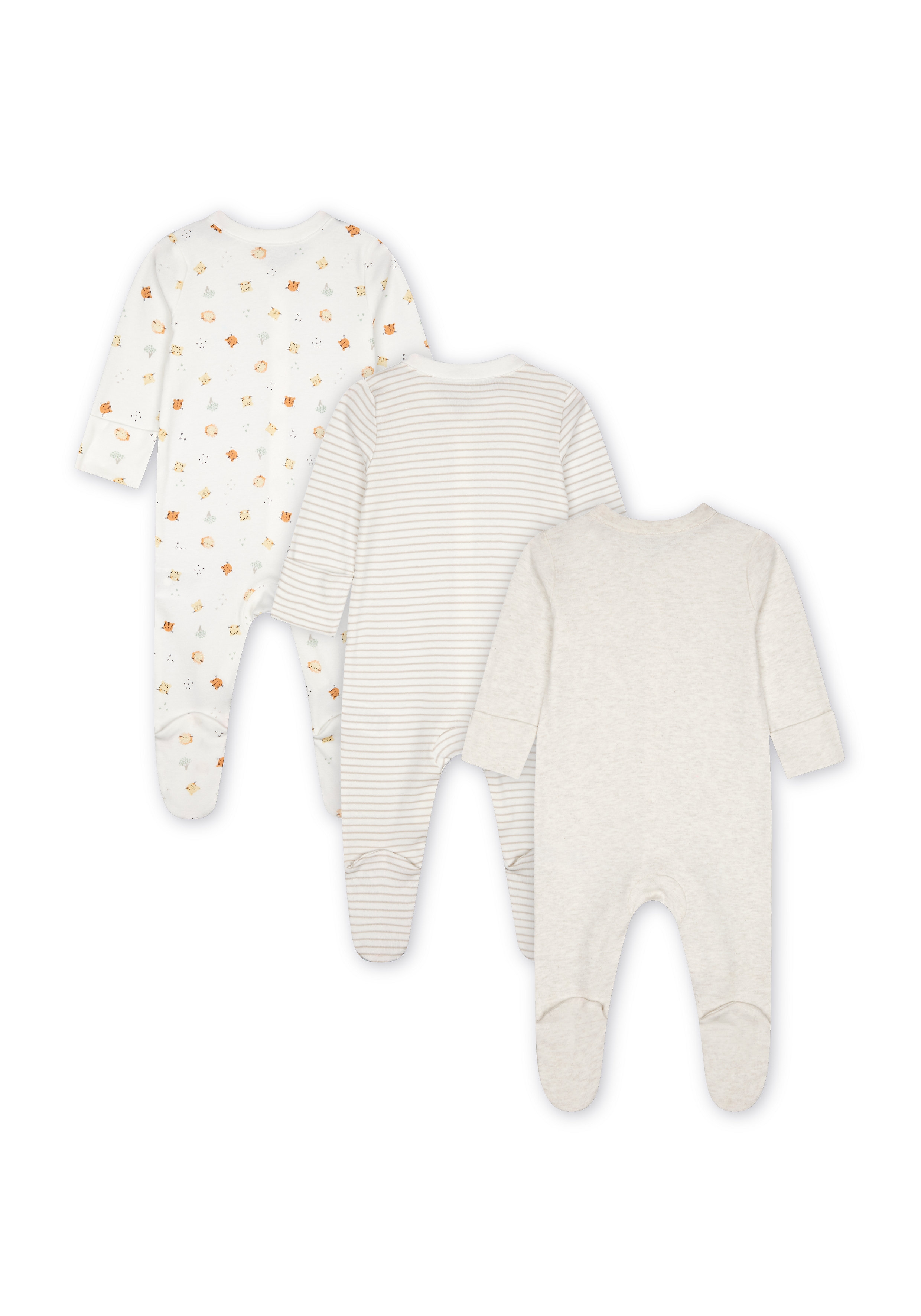 Mothercare | Unisex Sleepsuit Stripes And Animal Print  - Pack Of 3 - Cream 1