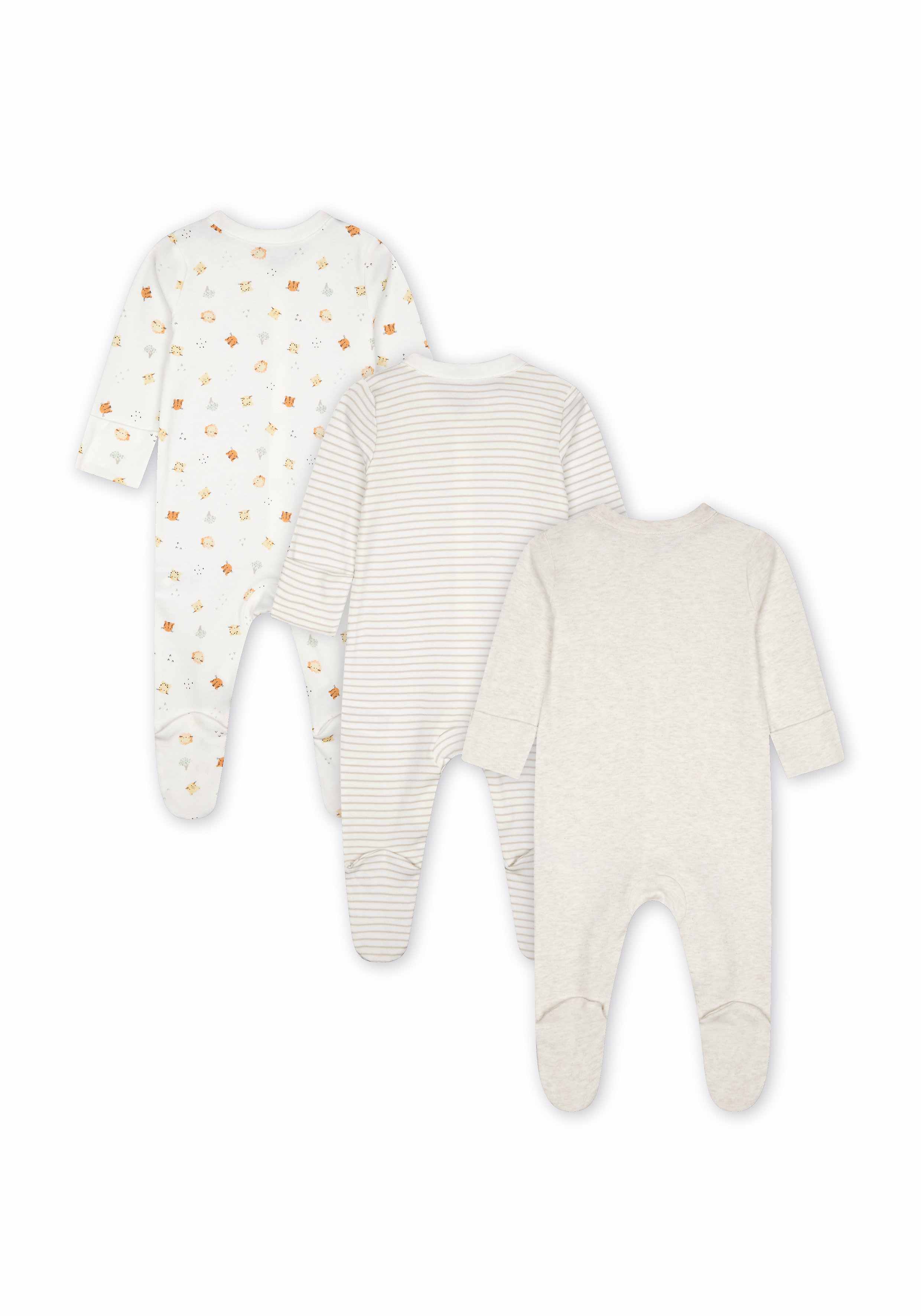 Mothercare | Unisex Sleepsuit Stripes And Animal Print  - Pack Of 3 - Cream 1