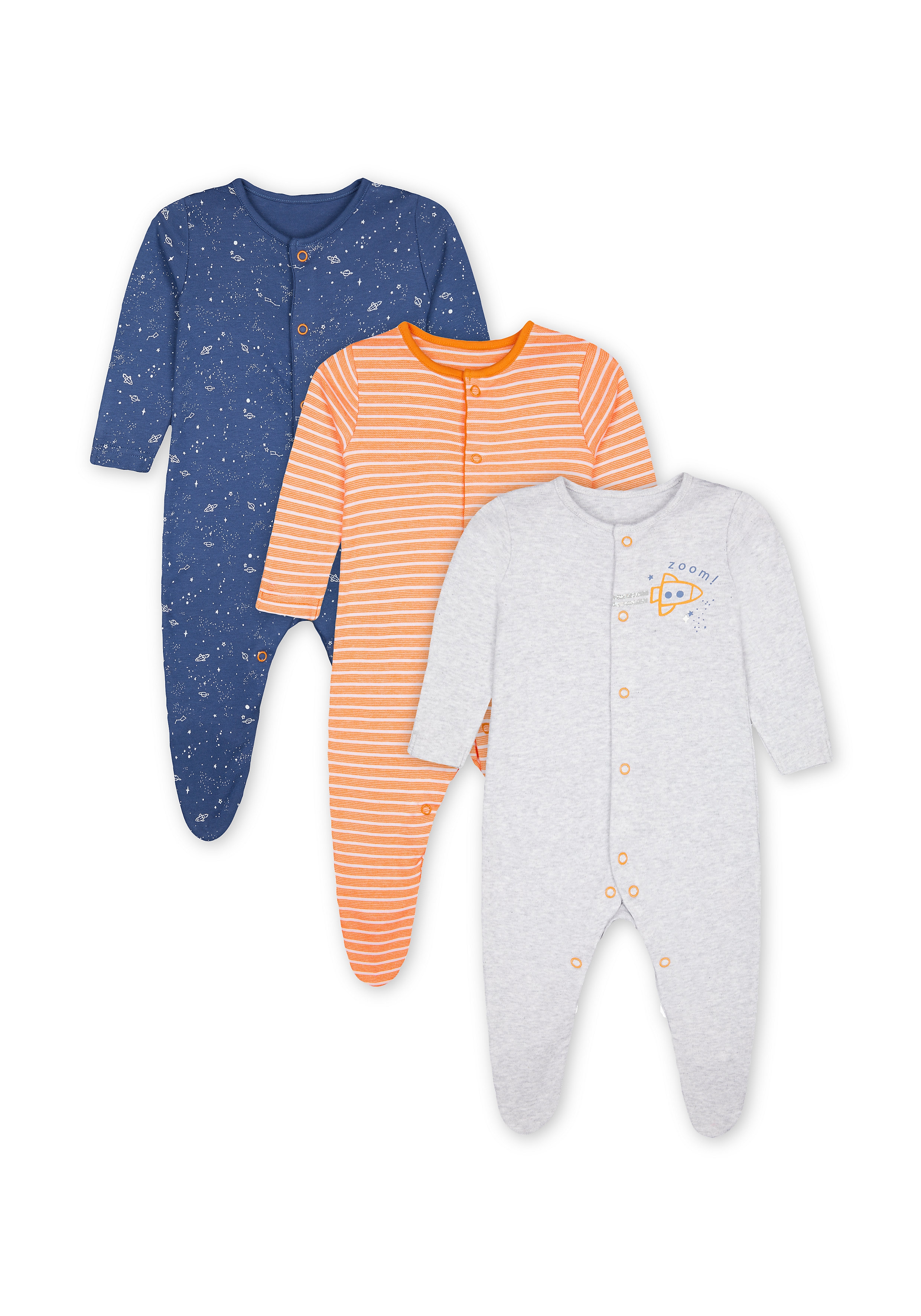 Mothercare | Boys Sleepsuit Space Print - Pack Of 3 - Orange Navy Grey 0