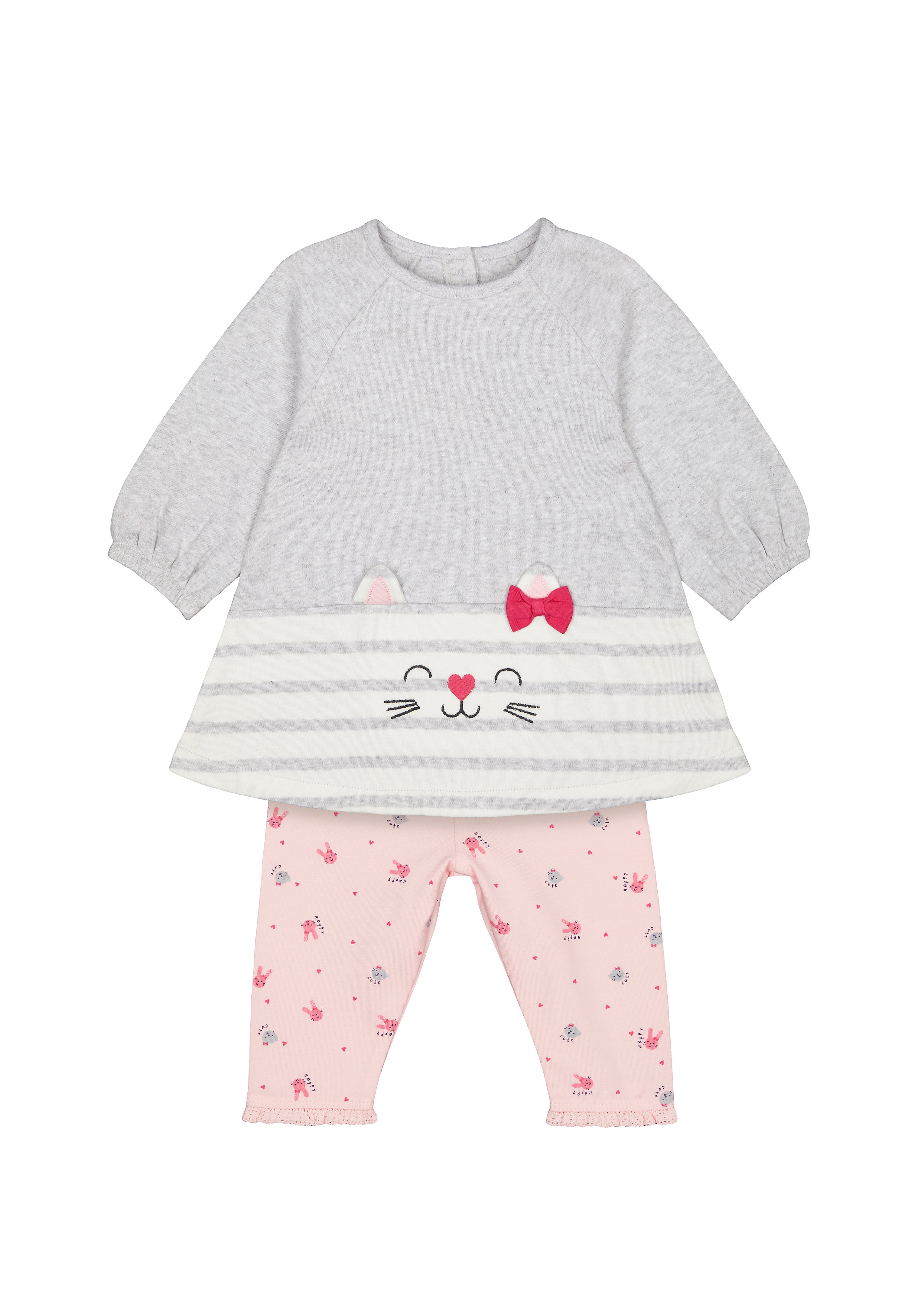 Girls Full Sleeves Dress And Legging Set 3D Cat Details - Grey Pink