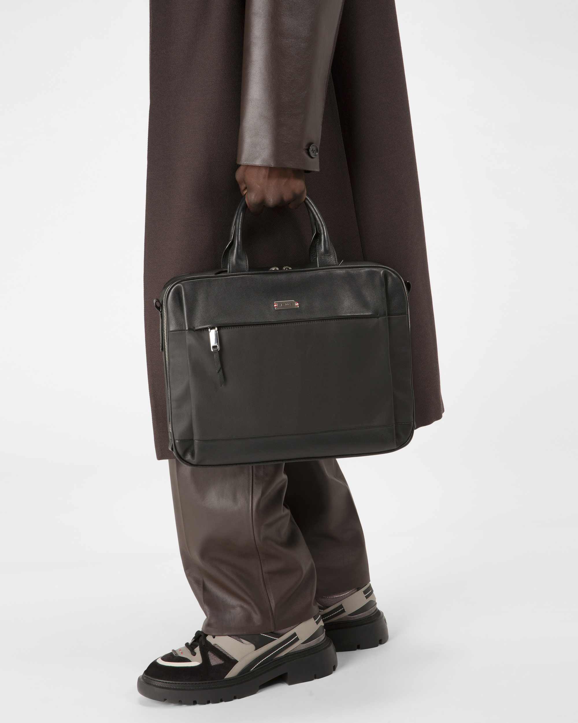 Vaud Cotton Mix & Leather Business Bag In Black