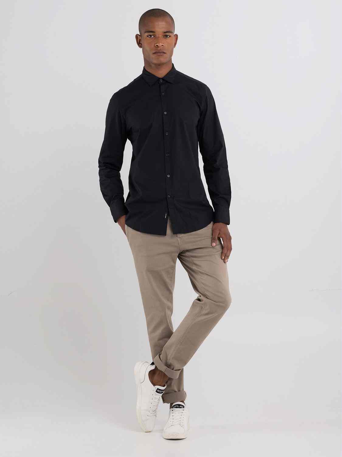 REPLAY Solid  Black Cotton Shirt
