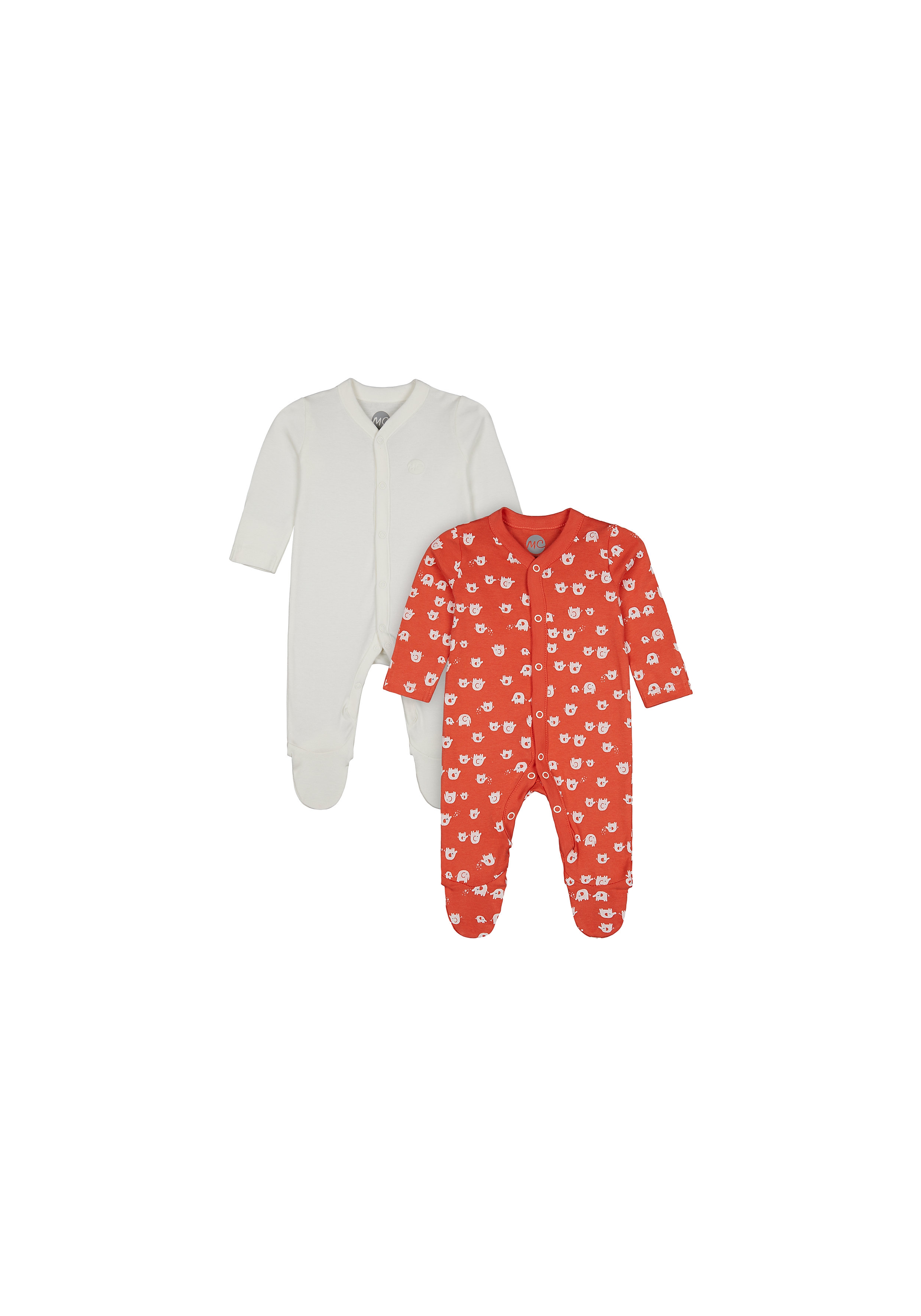 Mothercare | Unisex Full Sleeves Romper Elephant Print - Pack Of 2 - Orange Cream 0