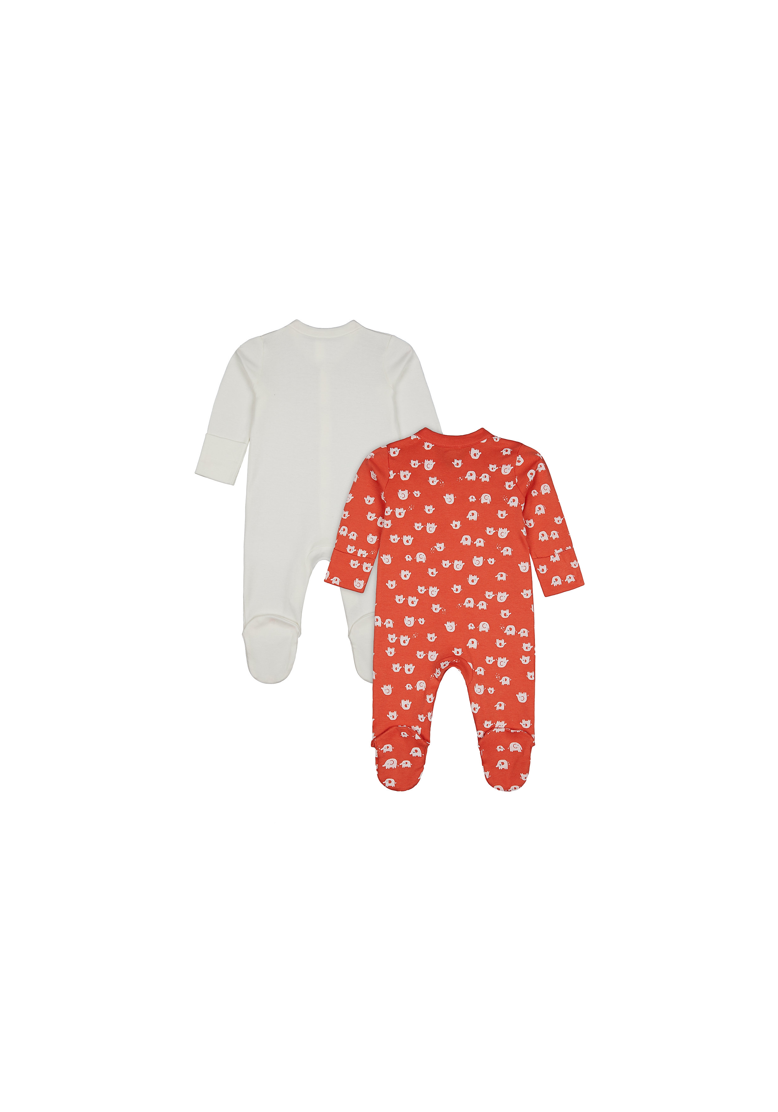Mothercare | Unisex Full Sleeves Romper Elephant Print - Pack Of 2 - Orange Cream 1