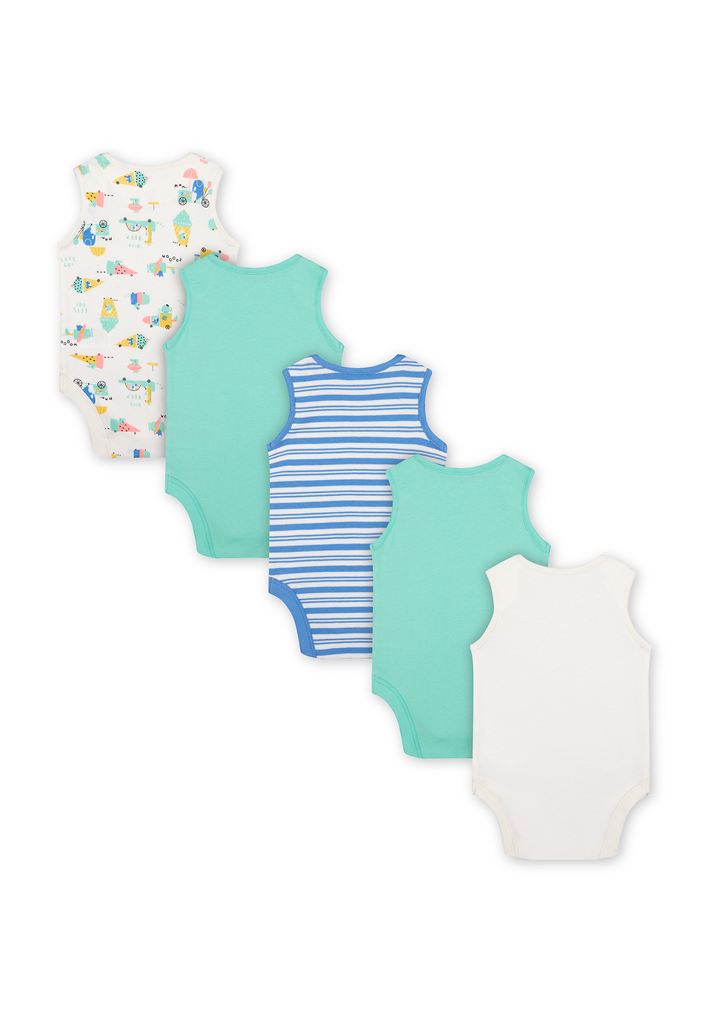 Mothercare | Boys Sleeveless Bodysuit Stripes And Ice Cream Print - Pack Of 5 - Green Blue White 1