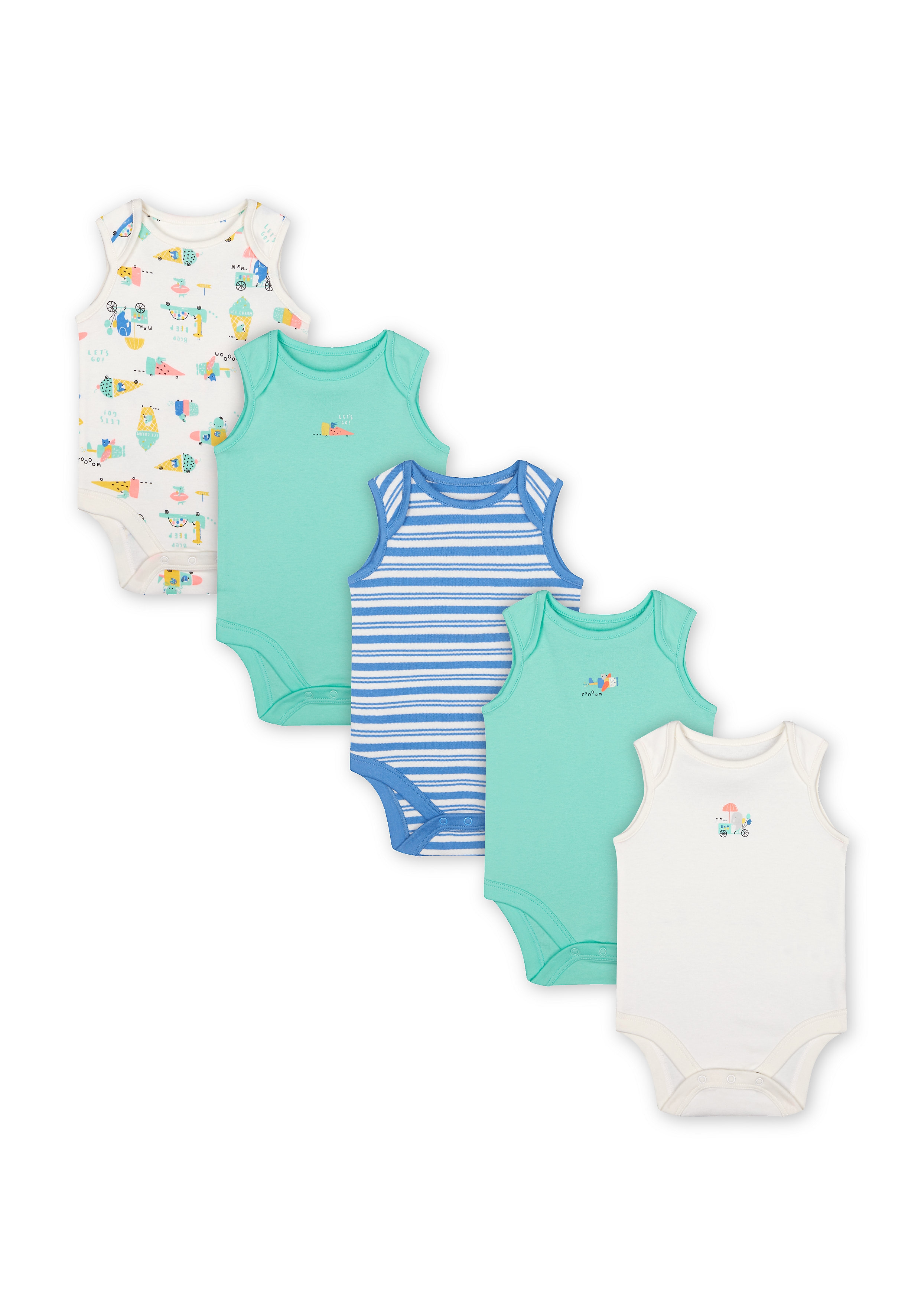 Mothercare | Boys Sleeveless Bodysuit Stripes And Ice Cream Print - Pack Of 5 - Green Blue White 0