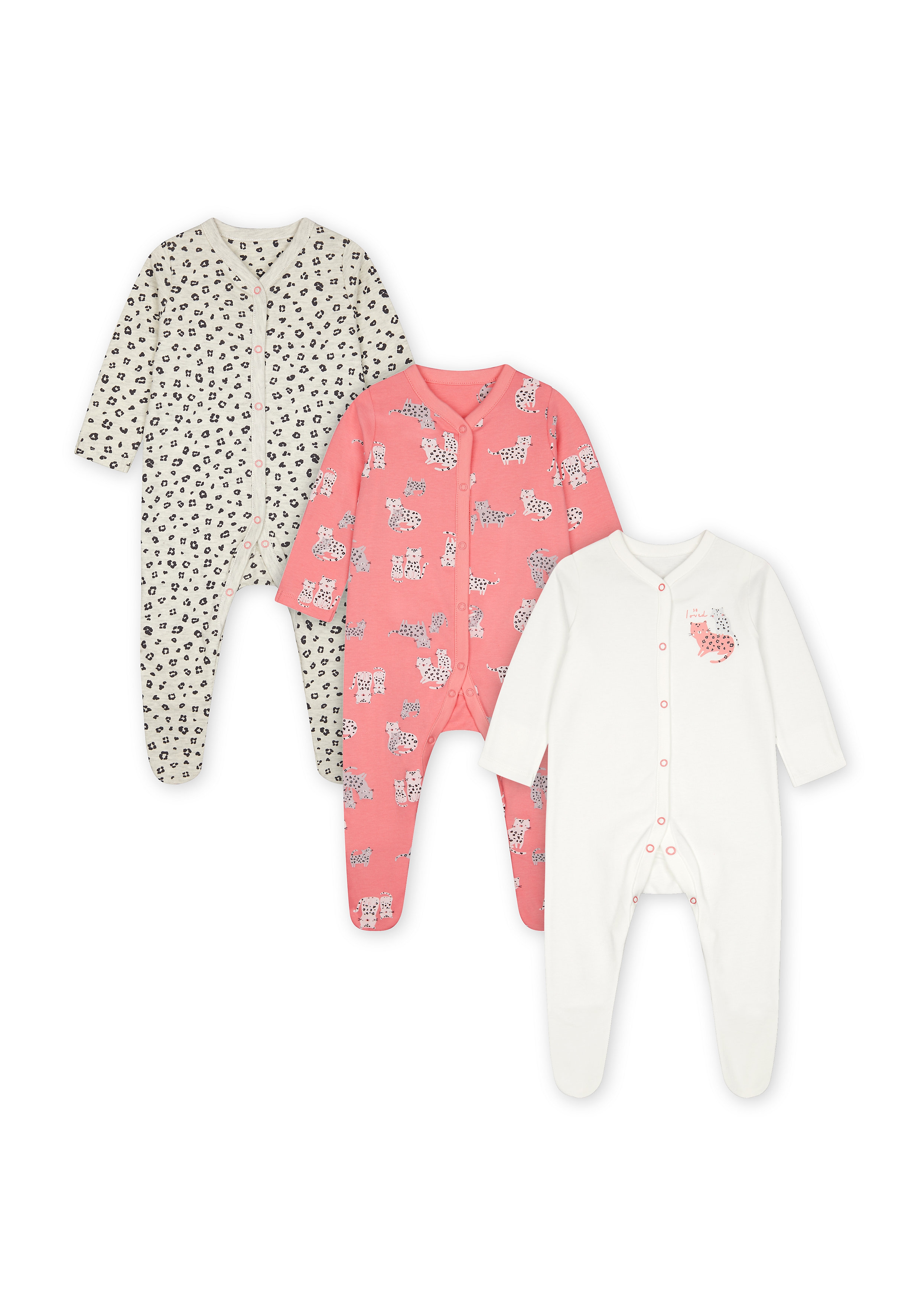 Mothercare | Girls Full Sleeves Sleepsuits  - Pack Of 3 - Pink 0