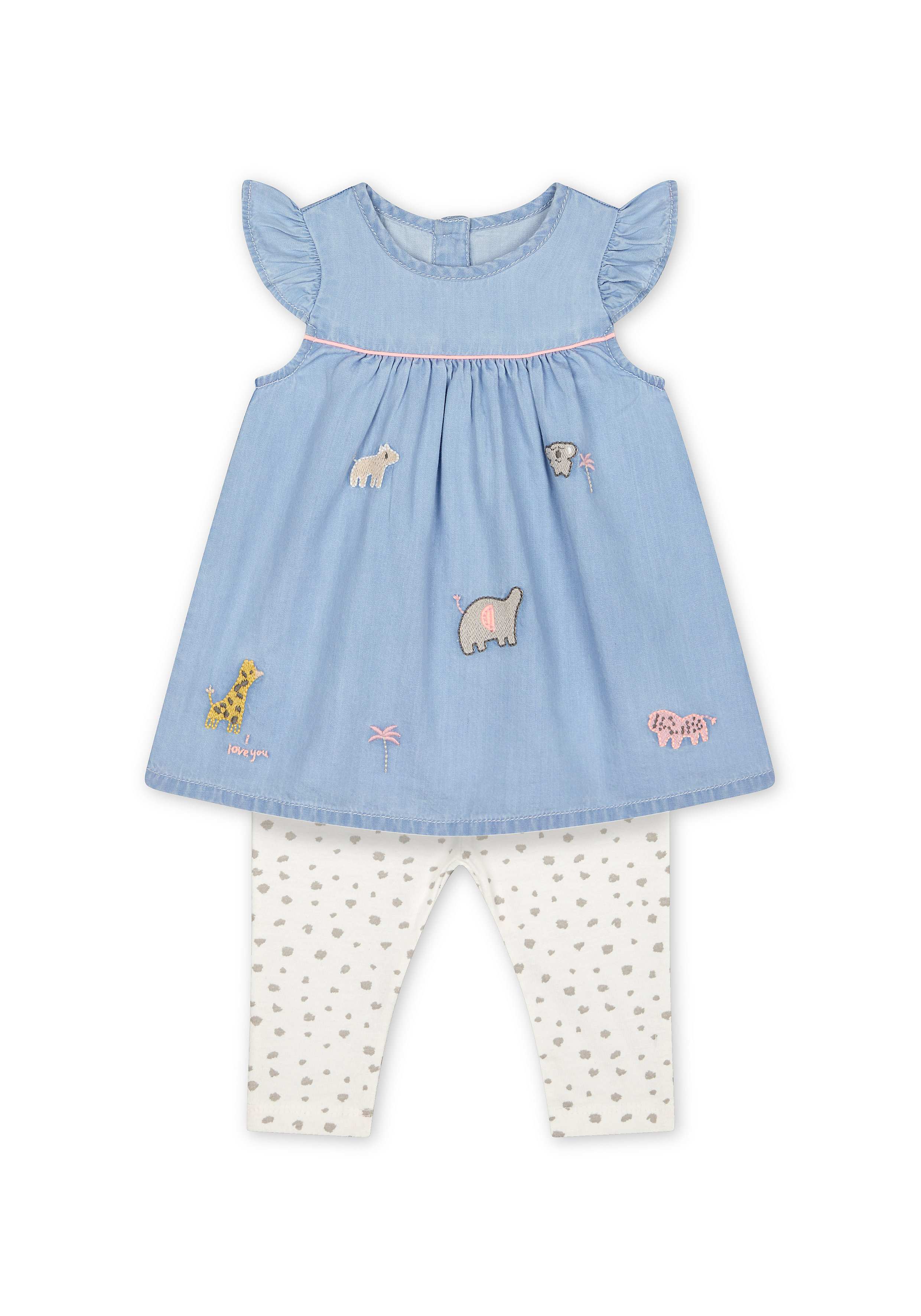 Girls Half Sleeves Embroidered Dress And Legging Set - Blue