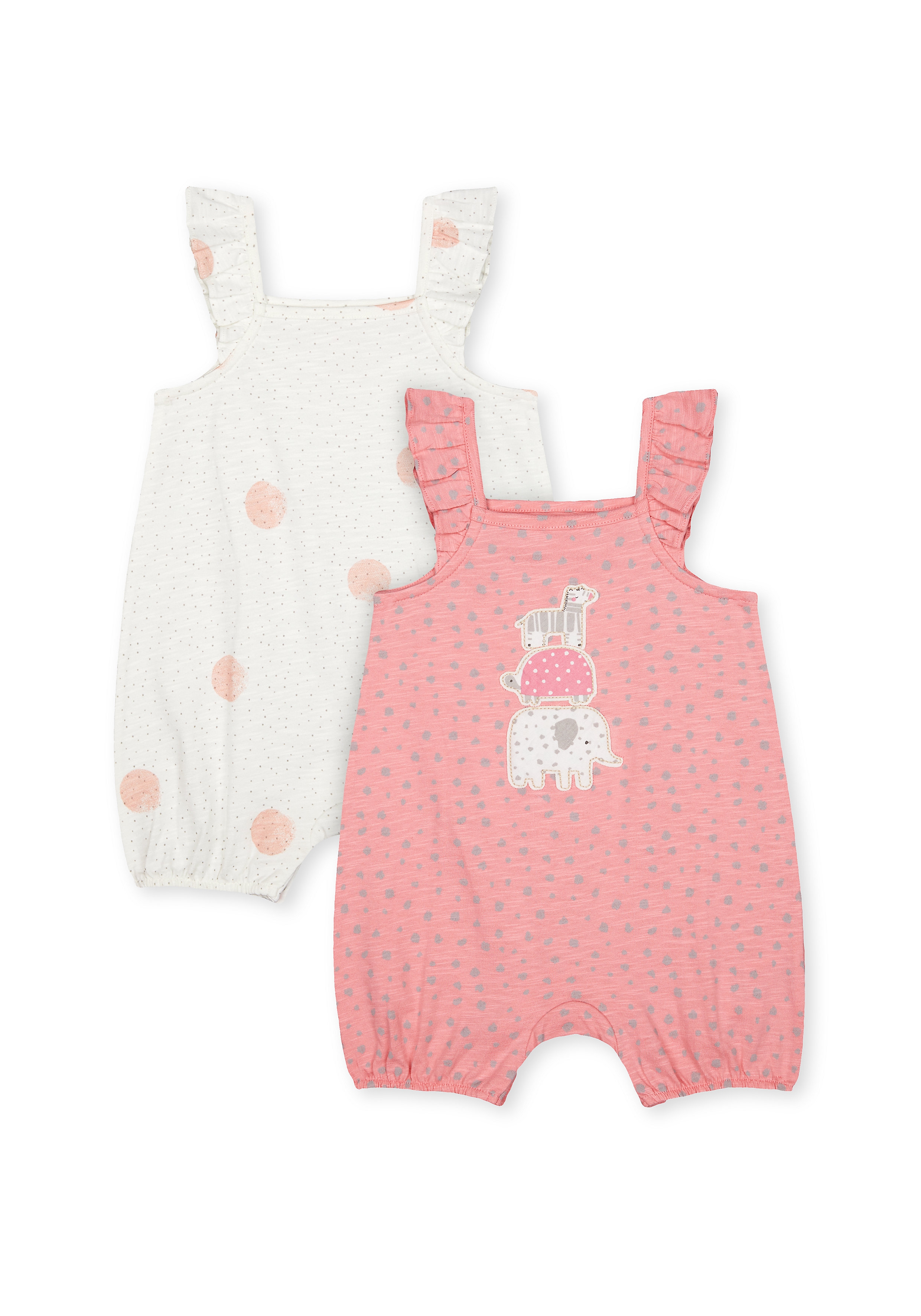 Mothercare | Girls Frill Sleeves Romper Animal Patch Work - Pack Of 2 - Pink Cream 0