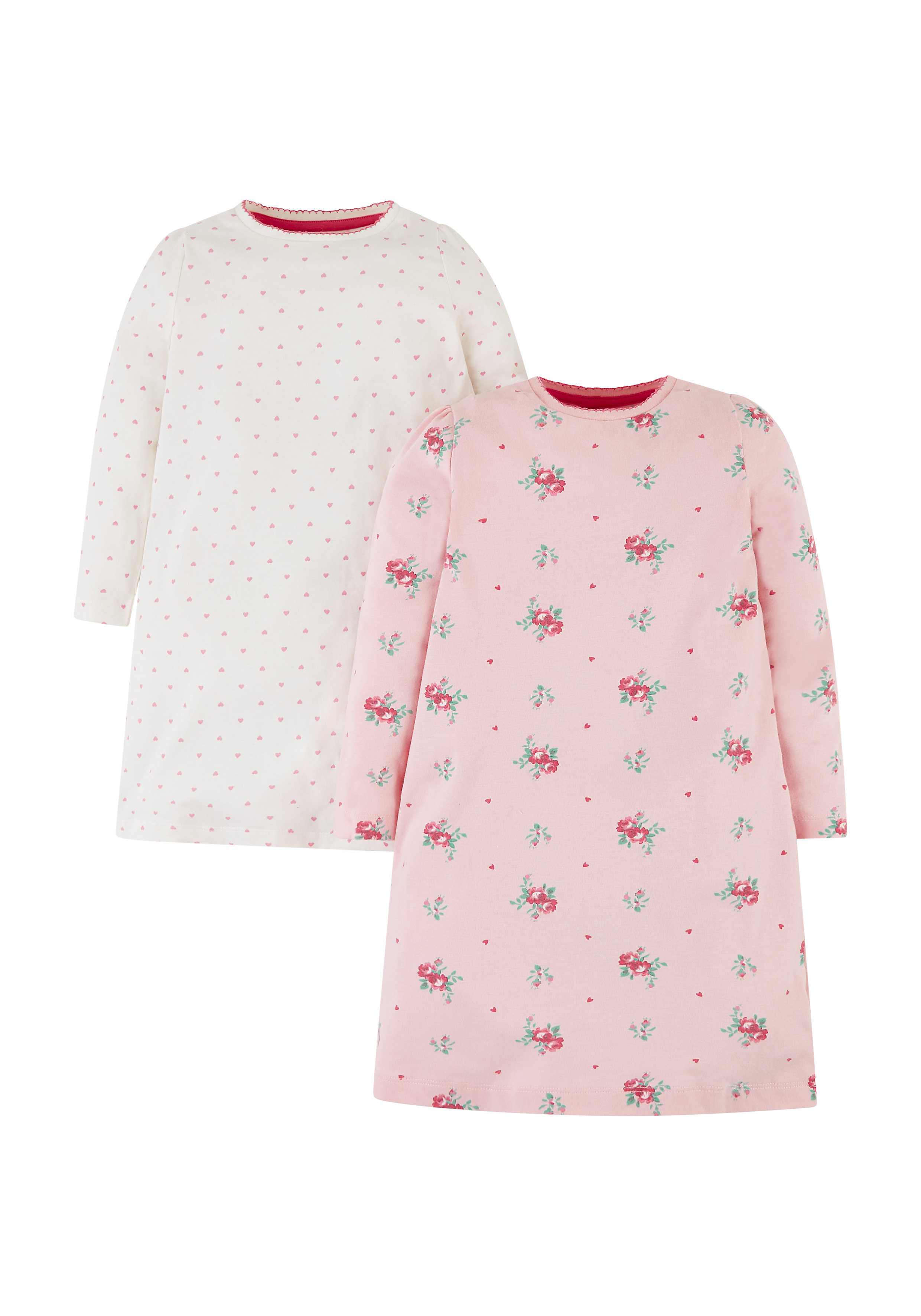 Girls Full Sleeves Nightdress Floral Print - Pack Of 2 - Pink White