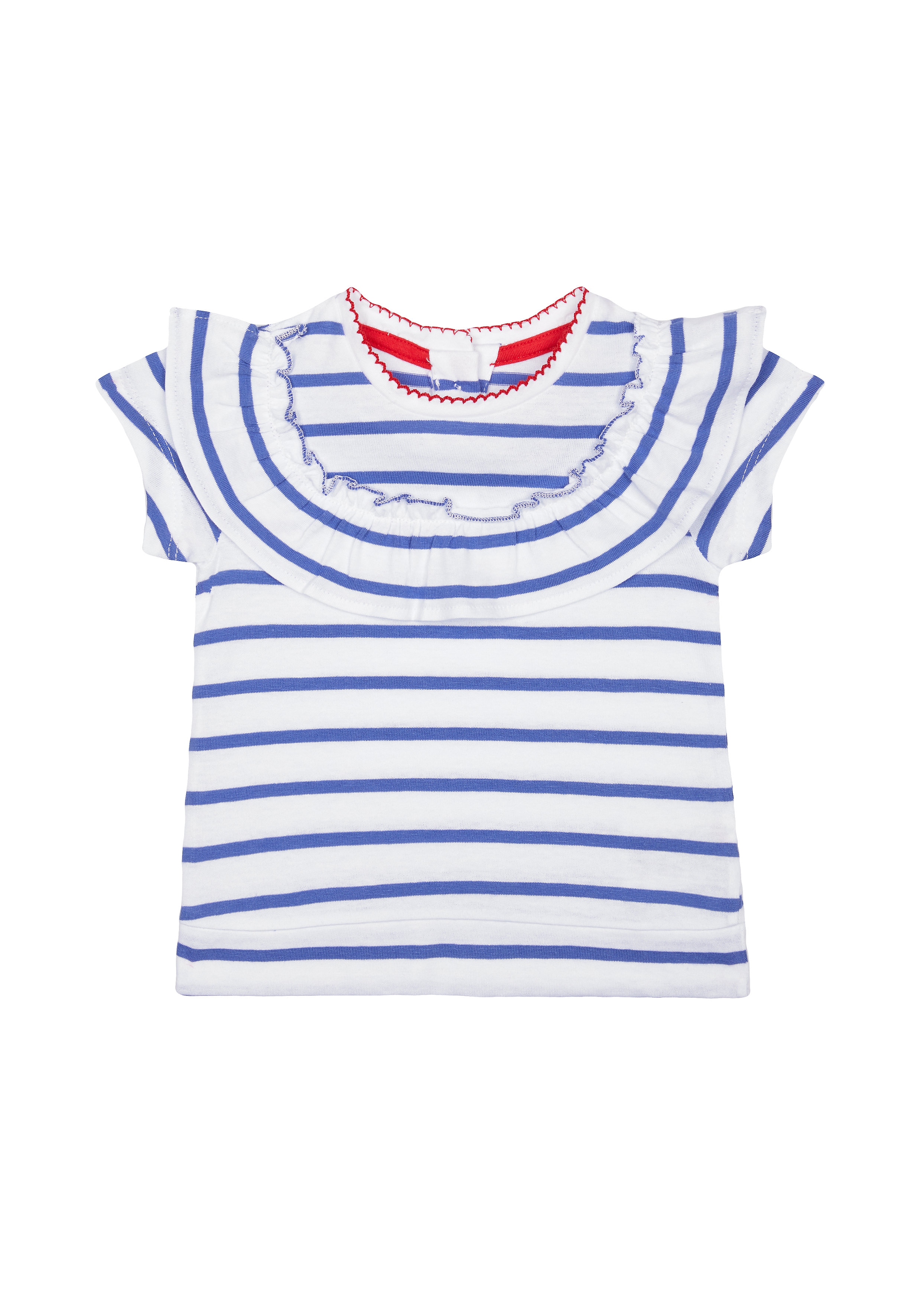 Mothercare | Girls Half Sleeves T-Shirt Stripe Frill Detail - Blue White 0