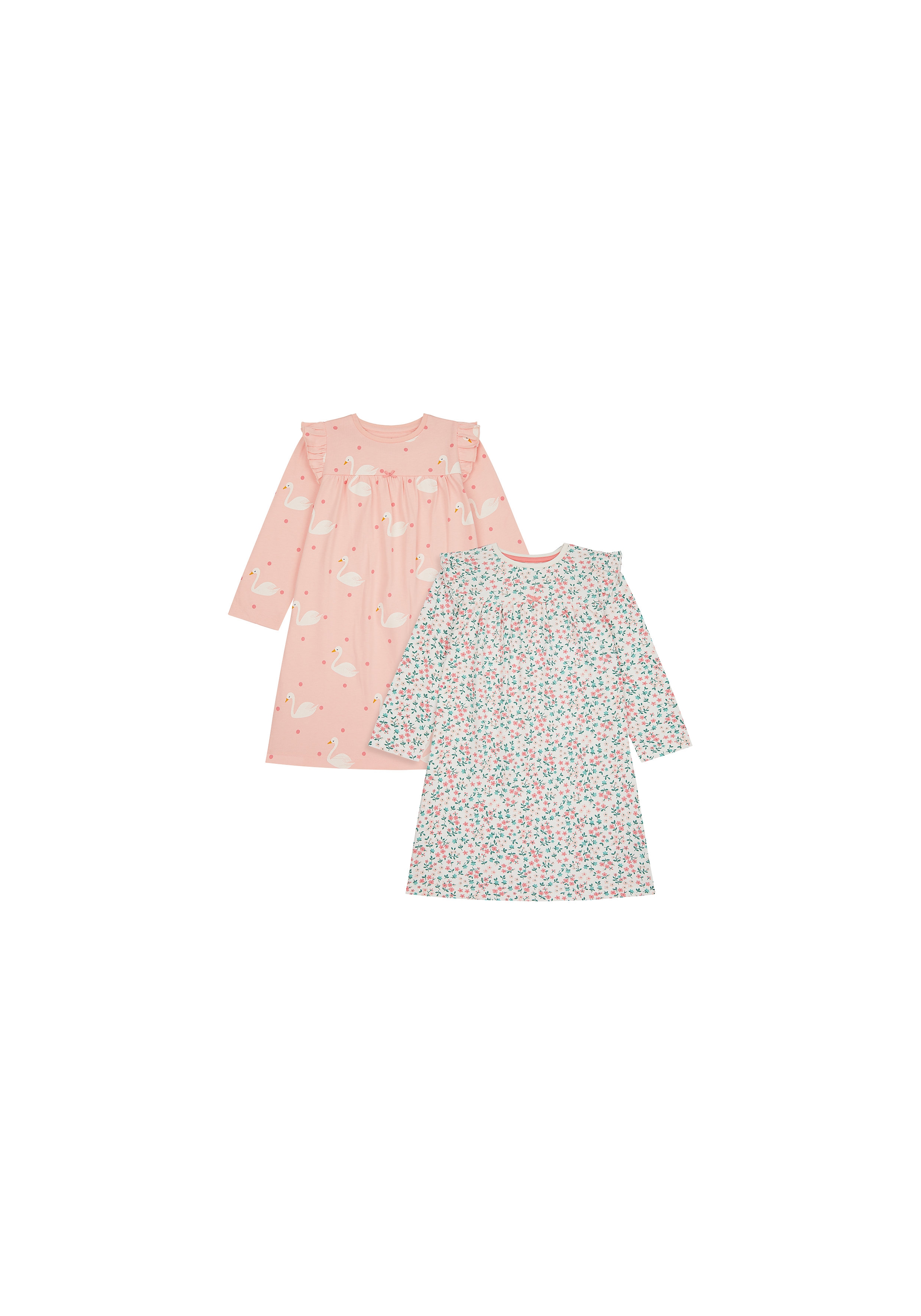 Mothercare | Girls Full Sleeves Nightdress Floral And Swan Print - Pack Of 2 - Pink White 0