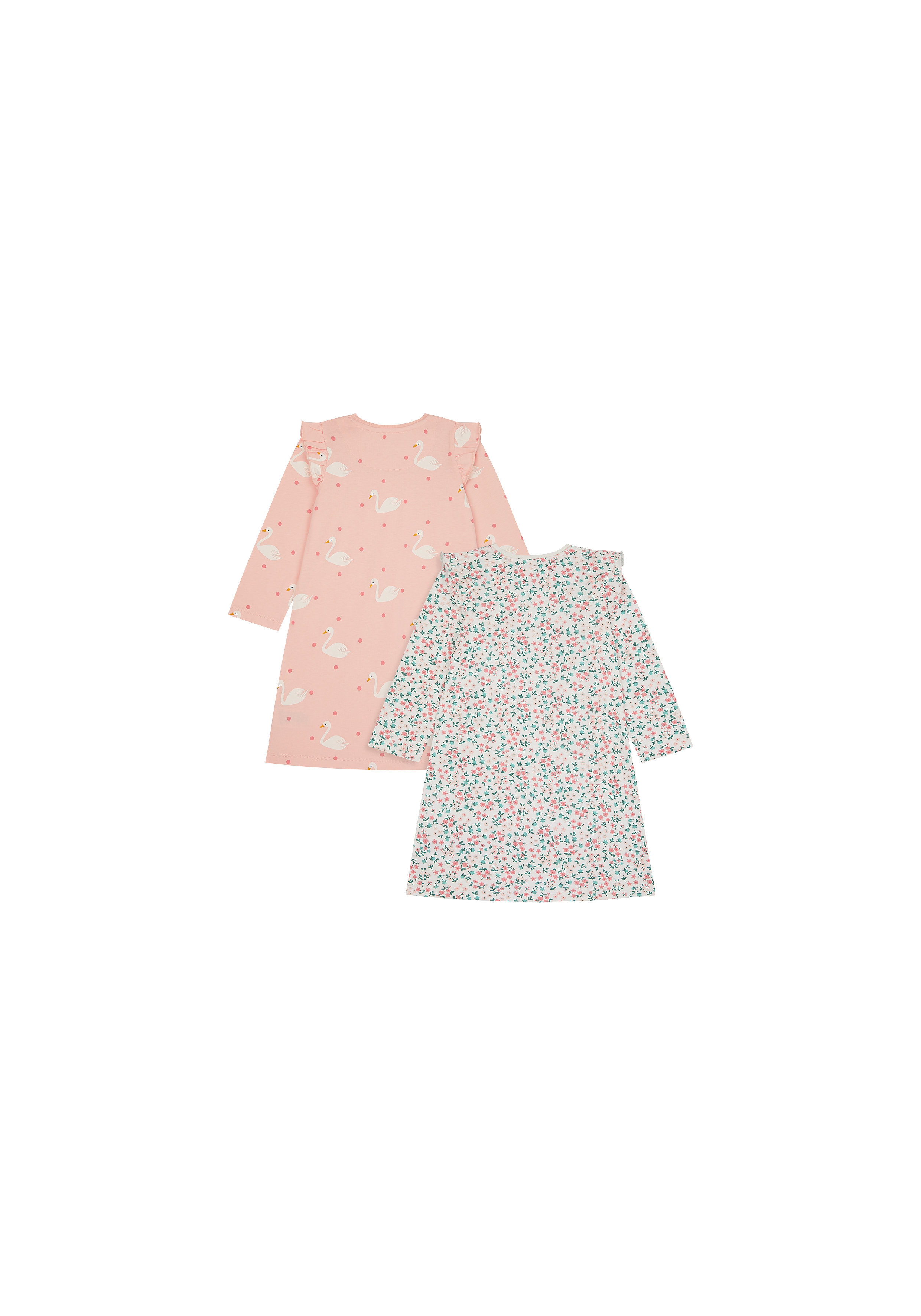 Mothercare | Girls Full Sleeves Nightdress Floral And Swan Print - Pack Of 2 - Pink White 1