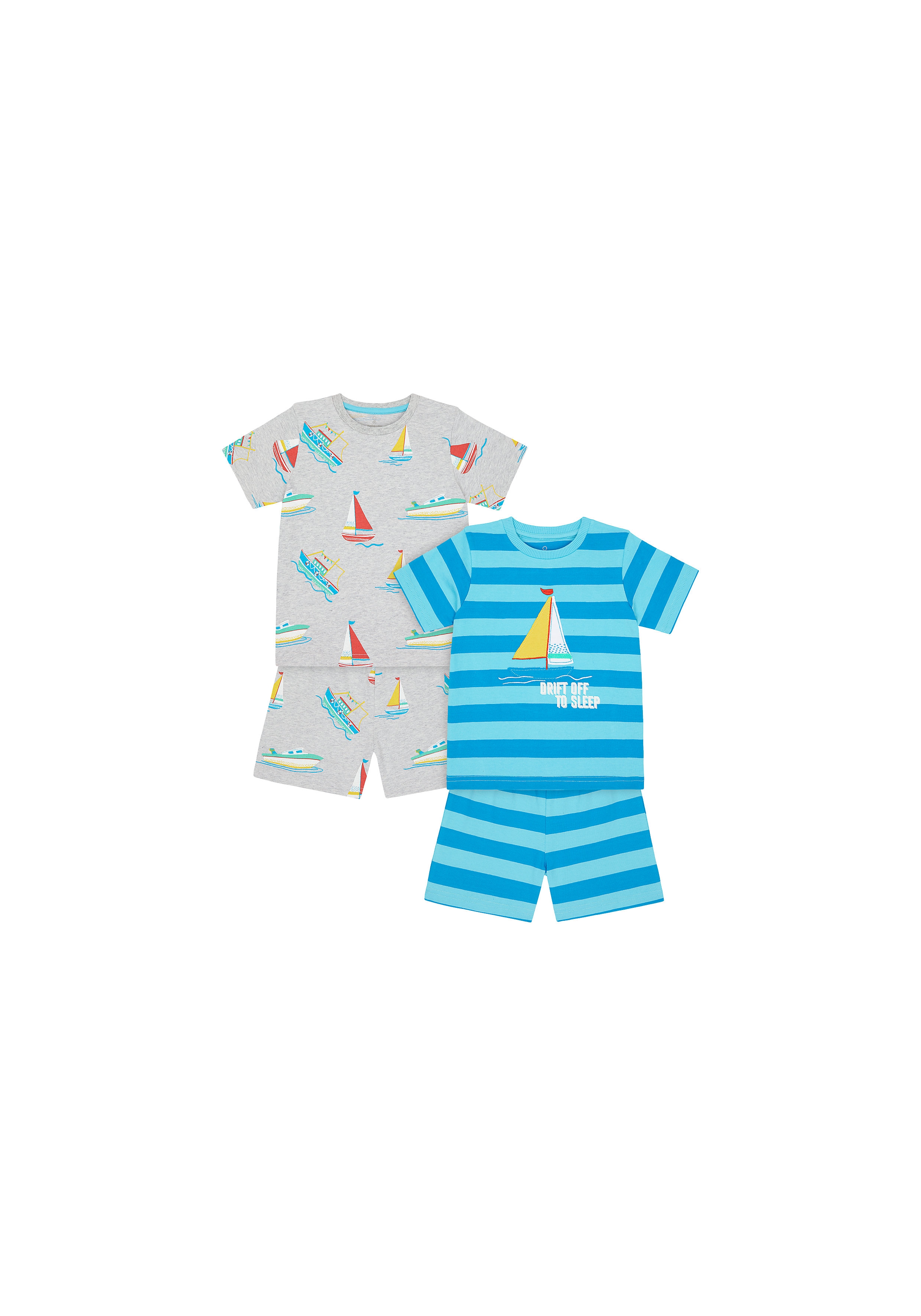 Mothercare | Boys Half Sleeves Shortie Pyjama Set Stripe And Boat Print - Pack Of 2 - Blue Grey 0
