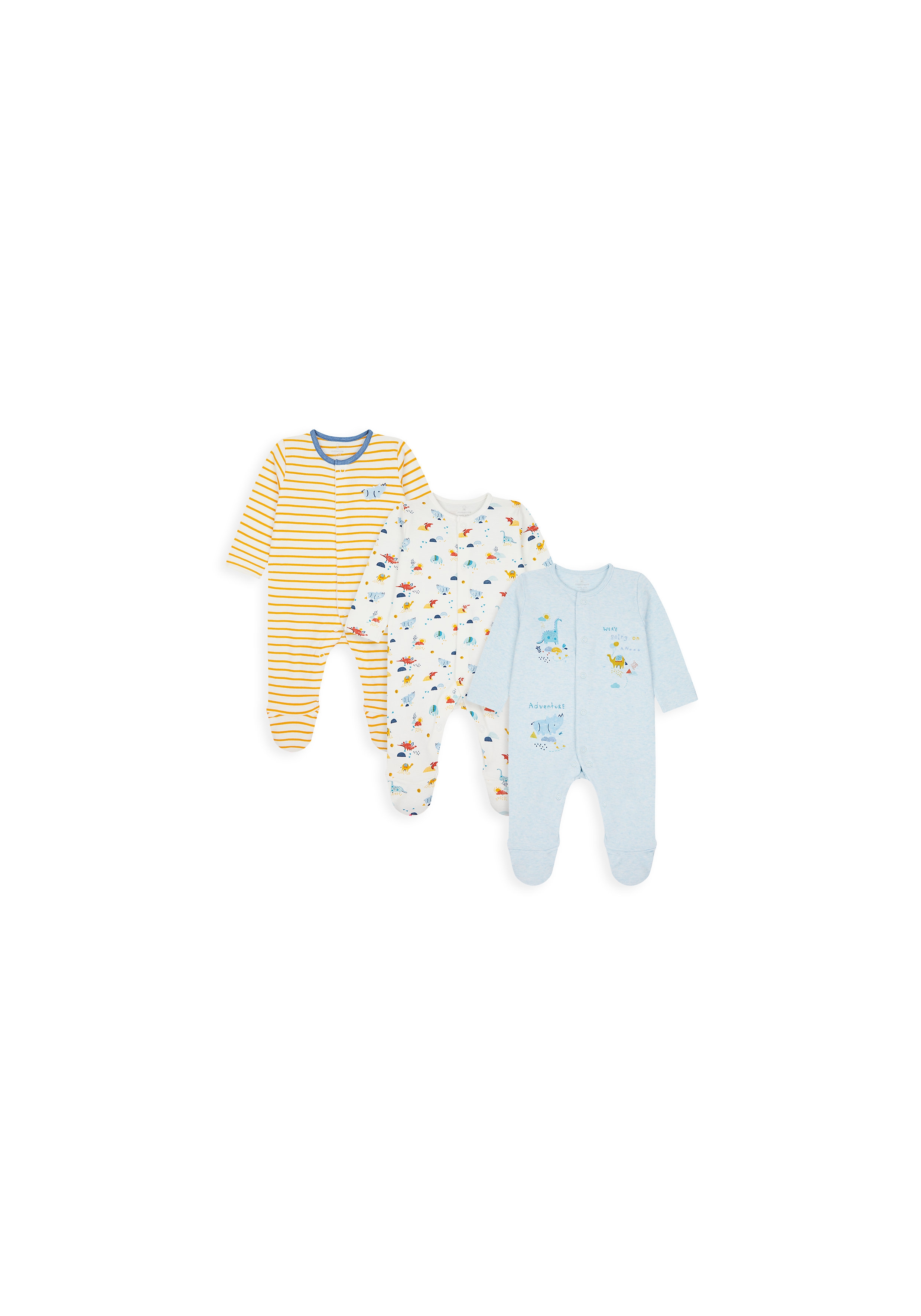 Mothercare | Boys Full Sleeves Sleepsuit Striped And Dino Print - Pack Of 3 - Multicolor 0