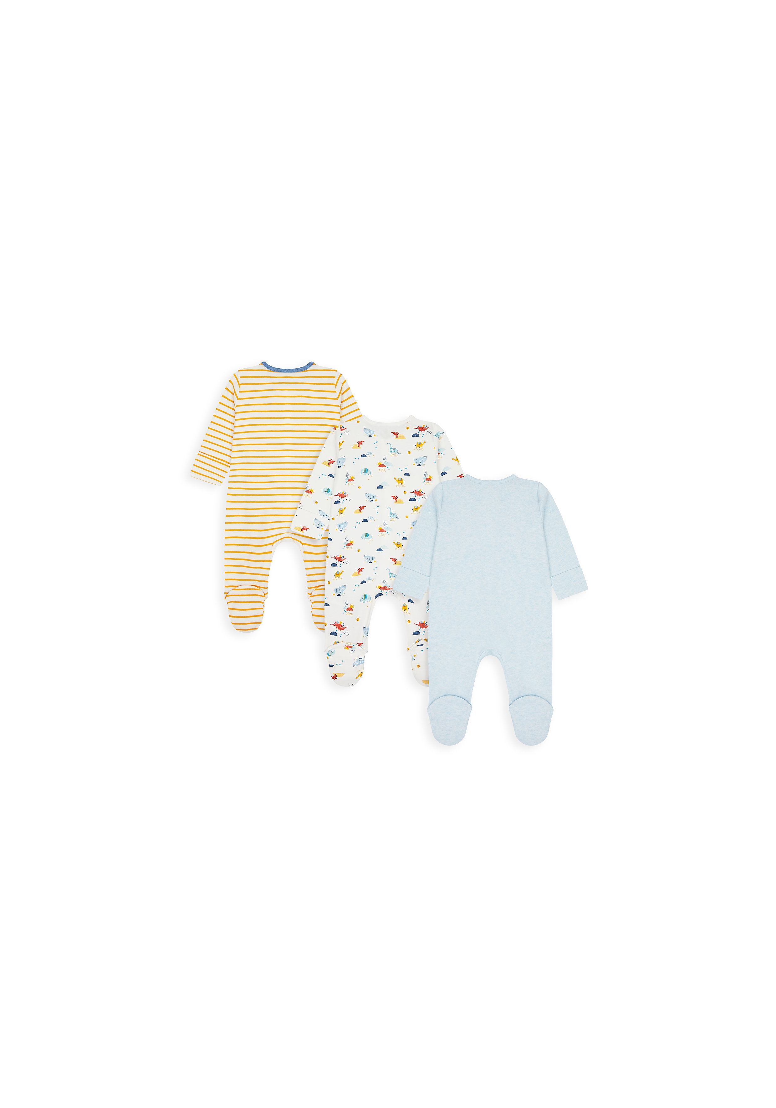 Mothercare | Boys Full Sleeves Sleepsuit Striped And Dino Print - Pack Of 3 - Multicolor 1