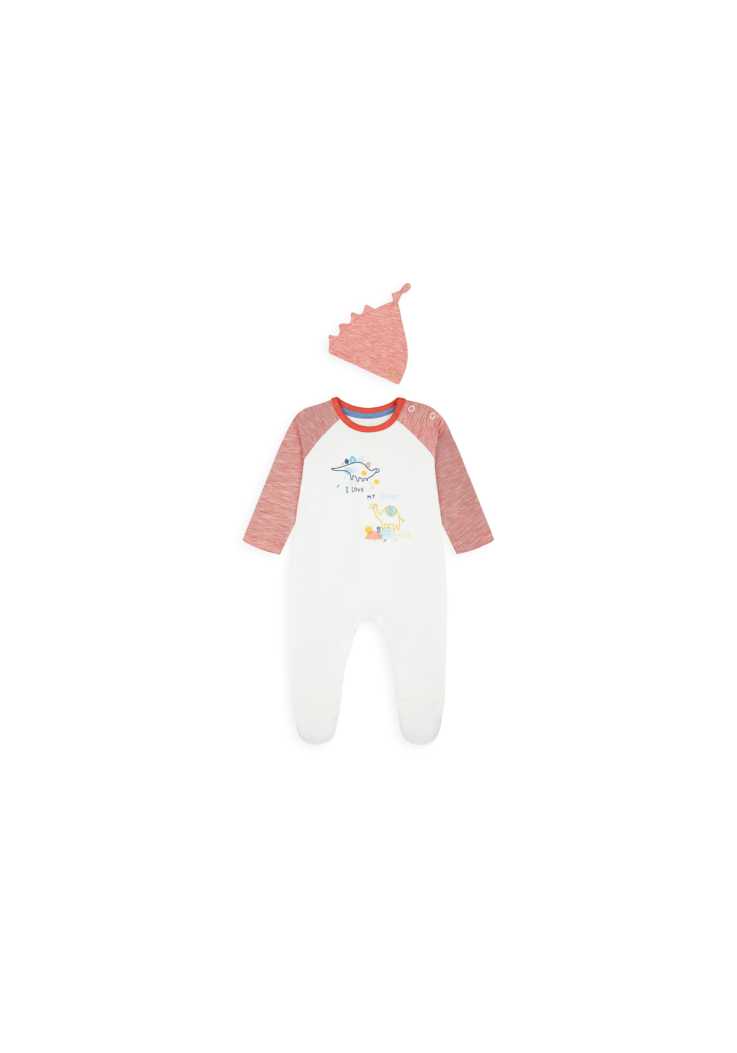 Boys Full Sleeves Romper With Hat Dino Embroidery - White