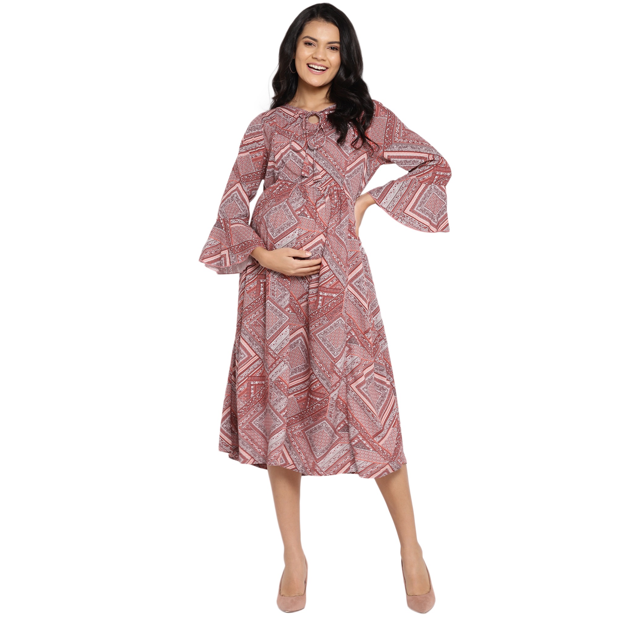 Women Three-Fourth Sleeves Maternity Dress Printed - Pink