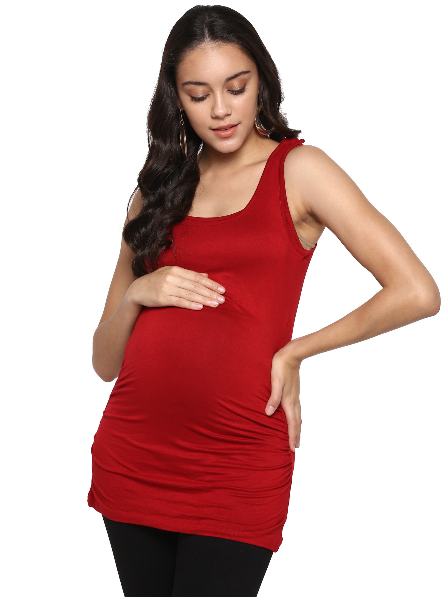 Women Sleeveless Maternity Top With Side Ruching - Red