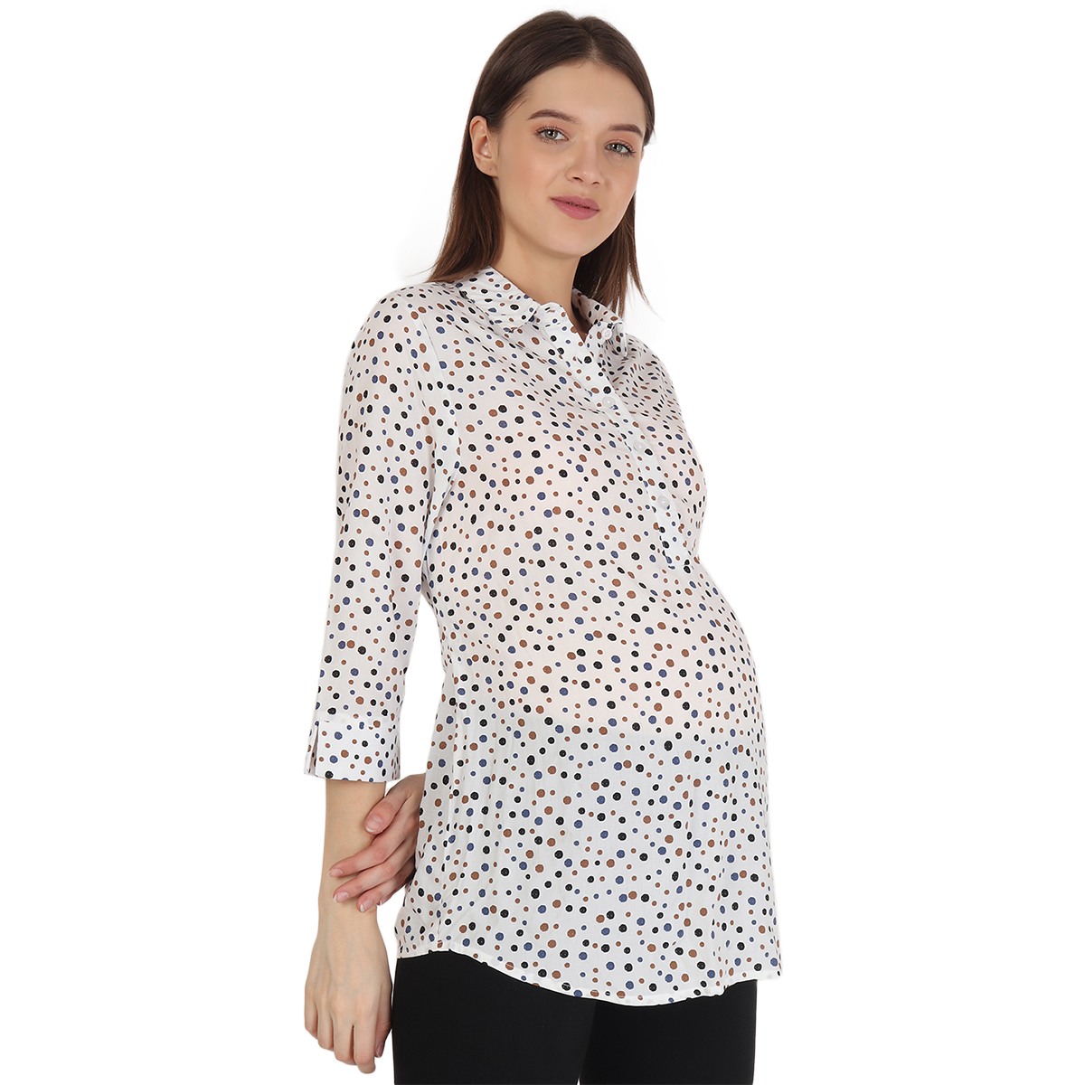 Women Three-Fourth Sleeves Maternity Shirt Spot Print - White