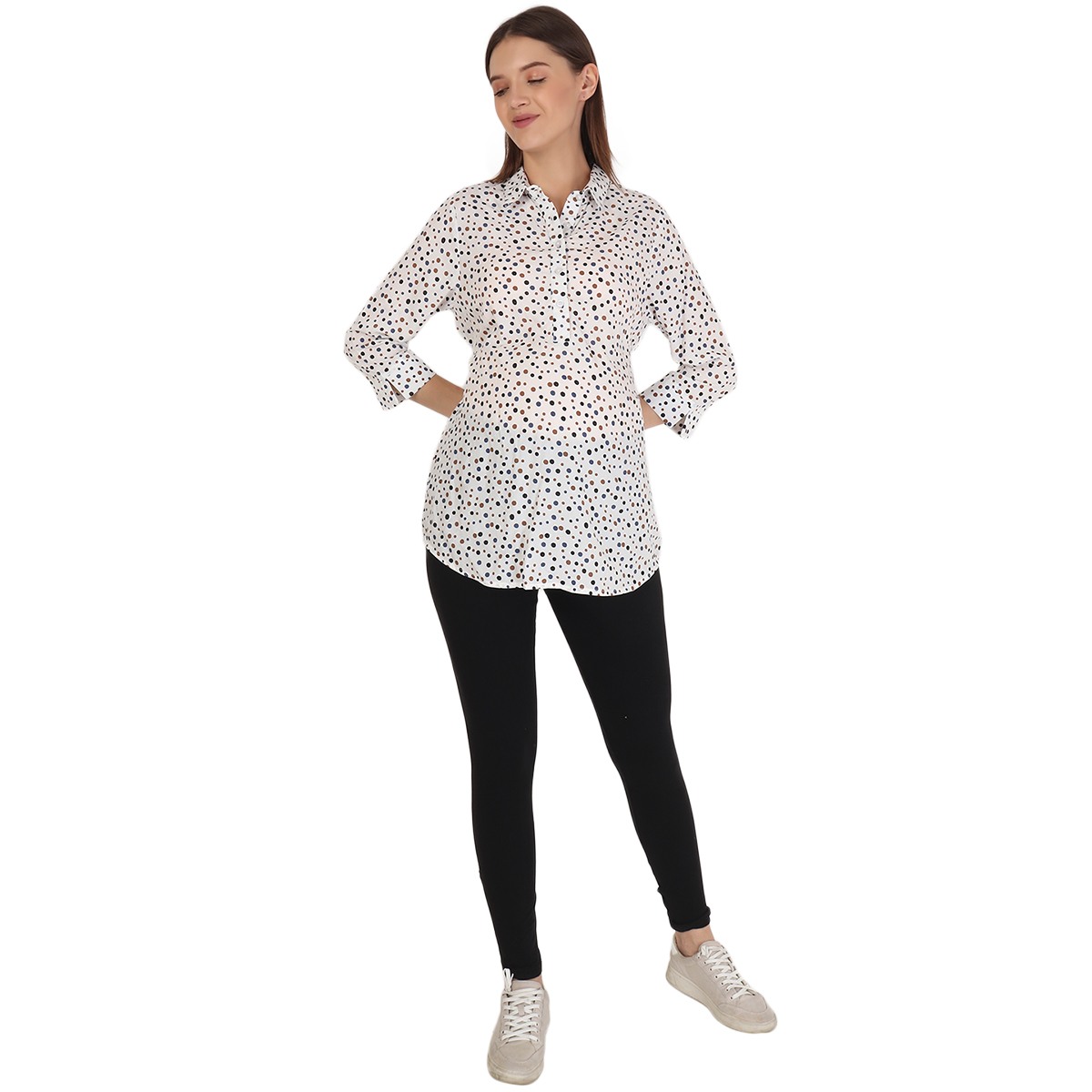 Women Three-Fourth Sleeves Maternity Shirt Spot Print - White