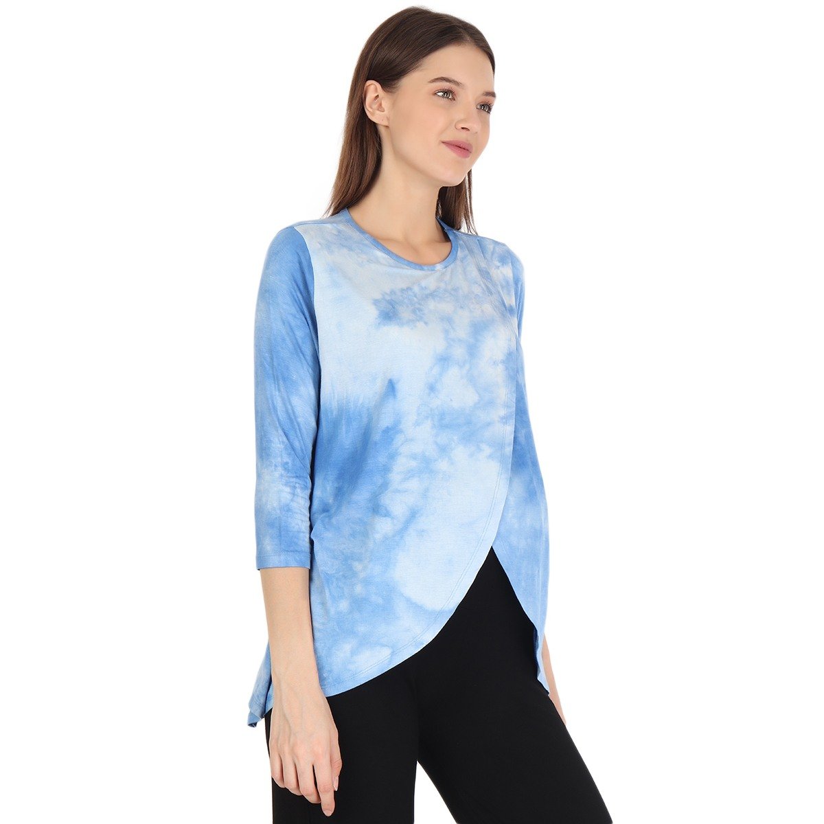 Women Three-Fourth Sleeves Maternity Overlap Top Printed - Blue