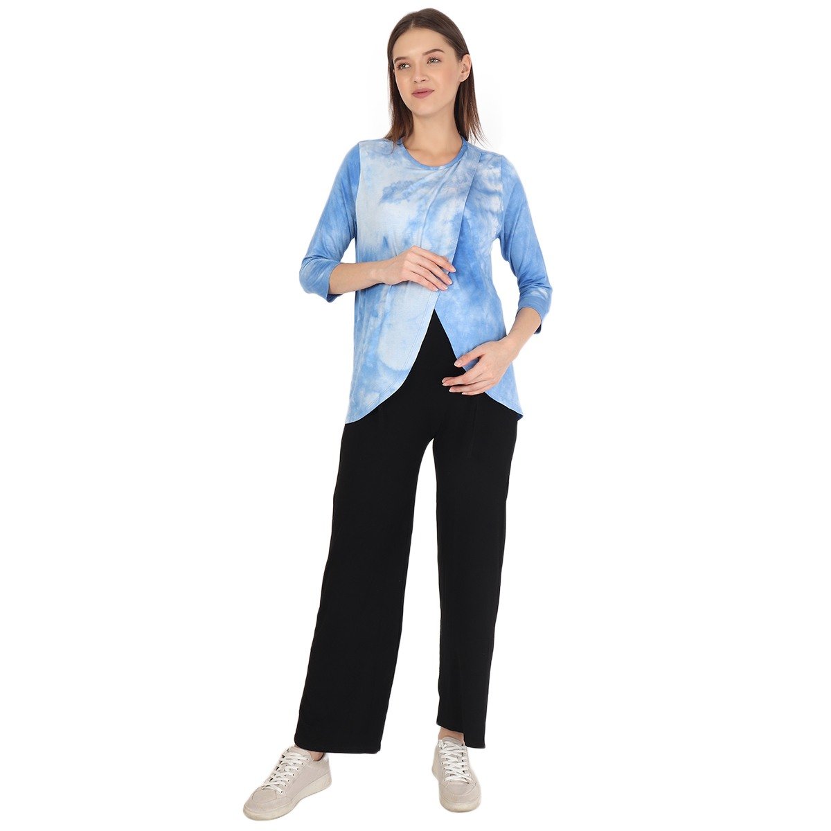Women Three-Fourth Sleeves Maternity Overlap Top Printed - Blue