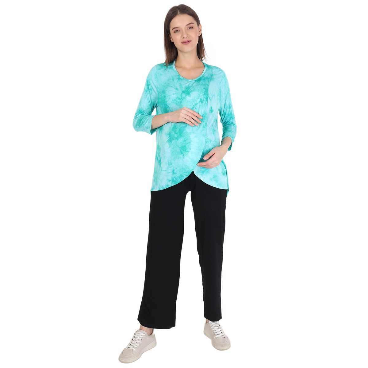 Women Three-Fourth Sleeves Maternity Overlap Top Tye-Dye Print - Blue