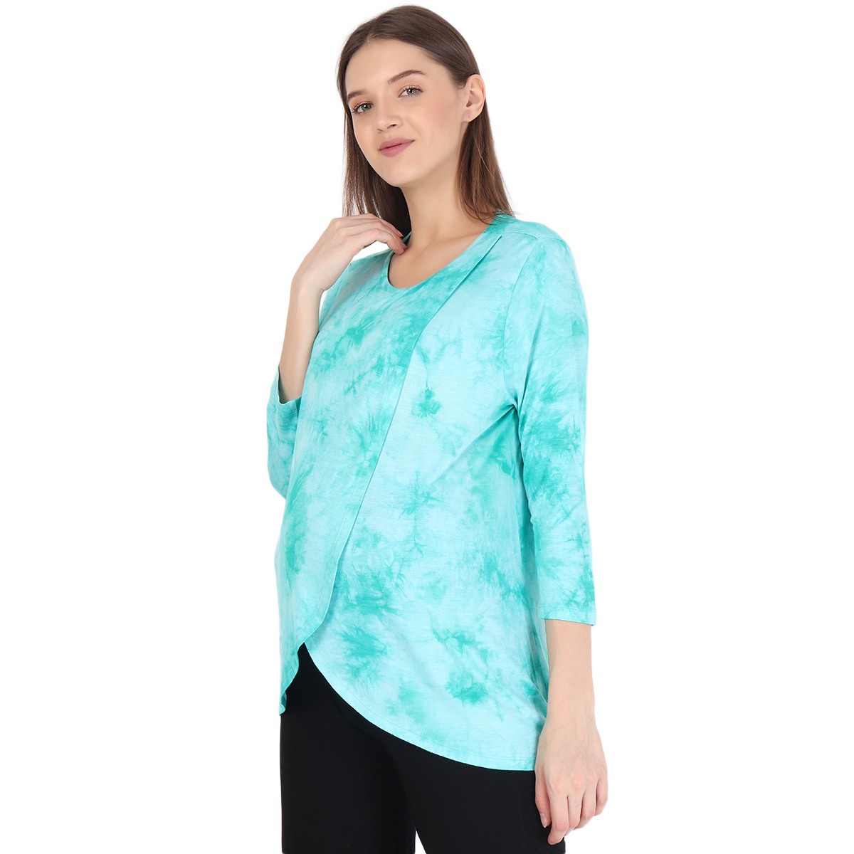 Women Three-Fourth Sleeves Maternity Overlap Top Tye-Dye Print - Blue