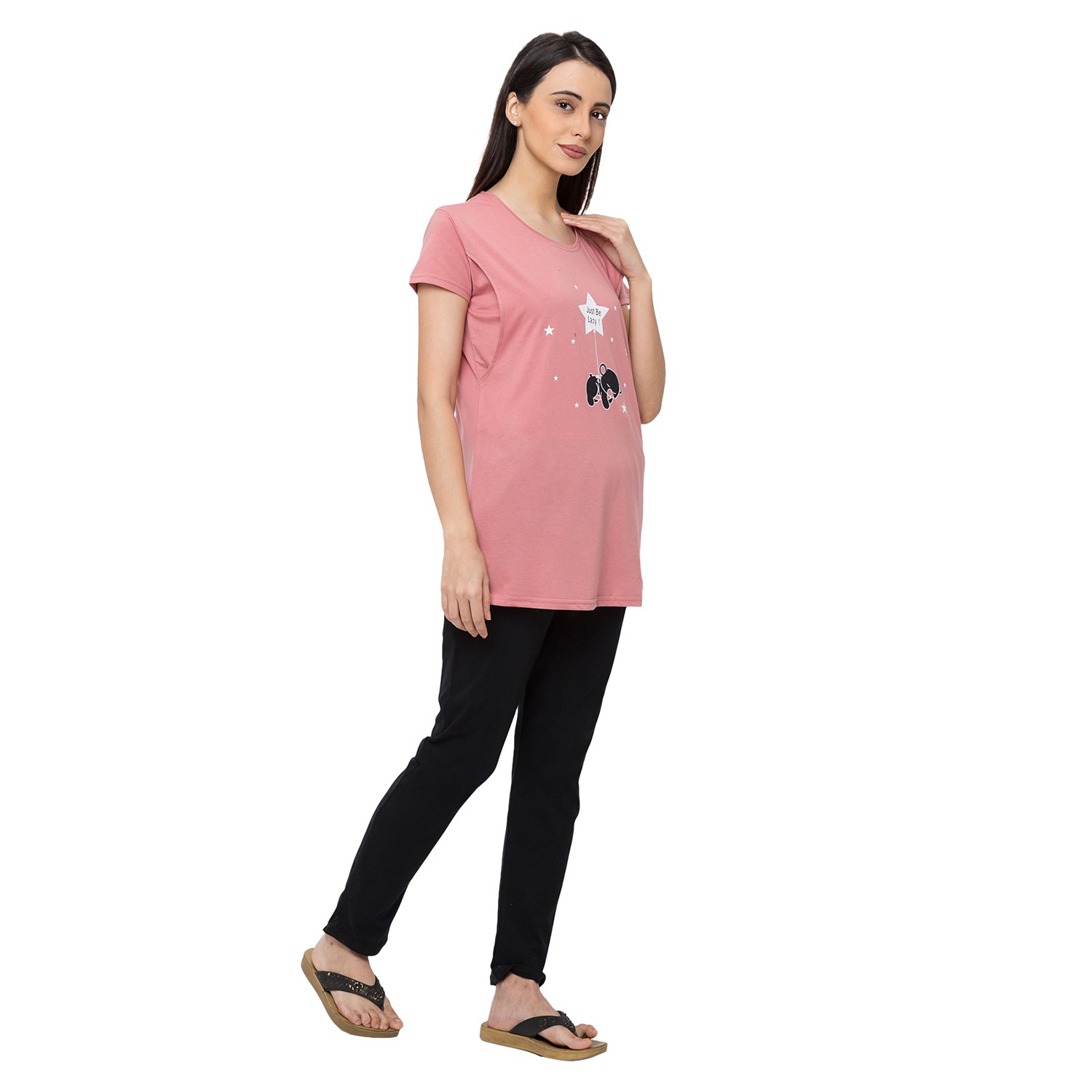 Women Short Sleeve Nightsuit - Peach & Black