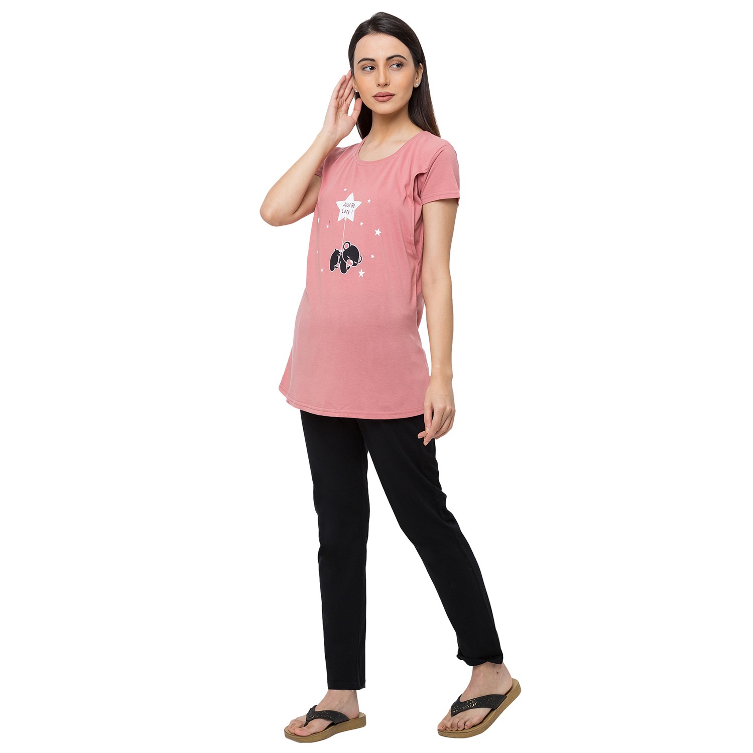 Women Short Sleeve Nightsuit - Peach & Black