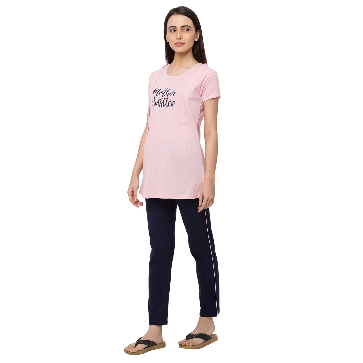 Women Short Sleeve Nightsuit - Pink & Navy Blue