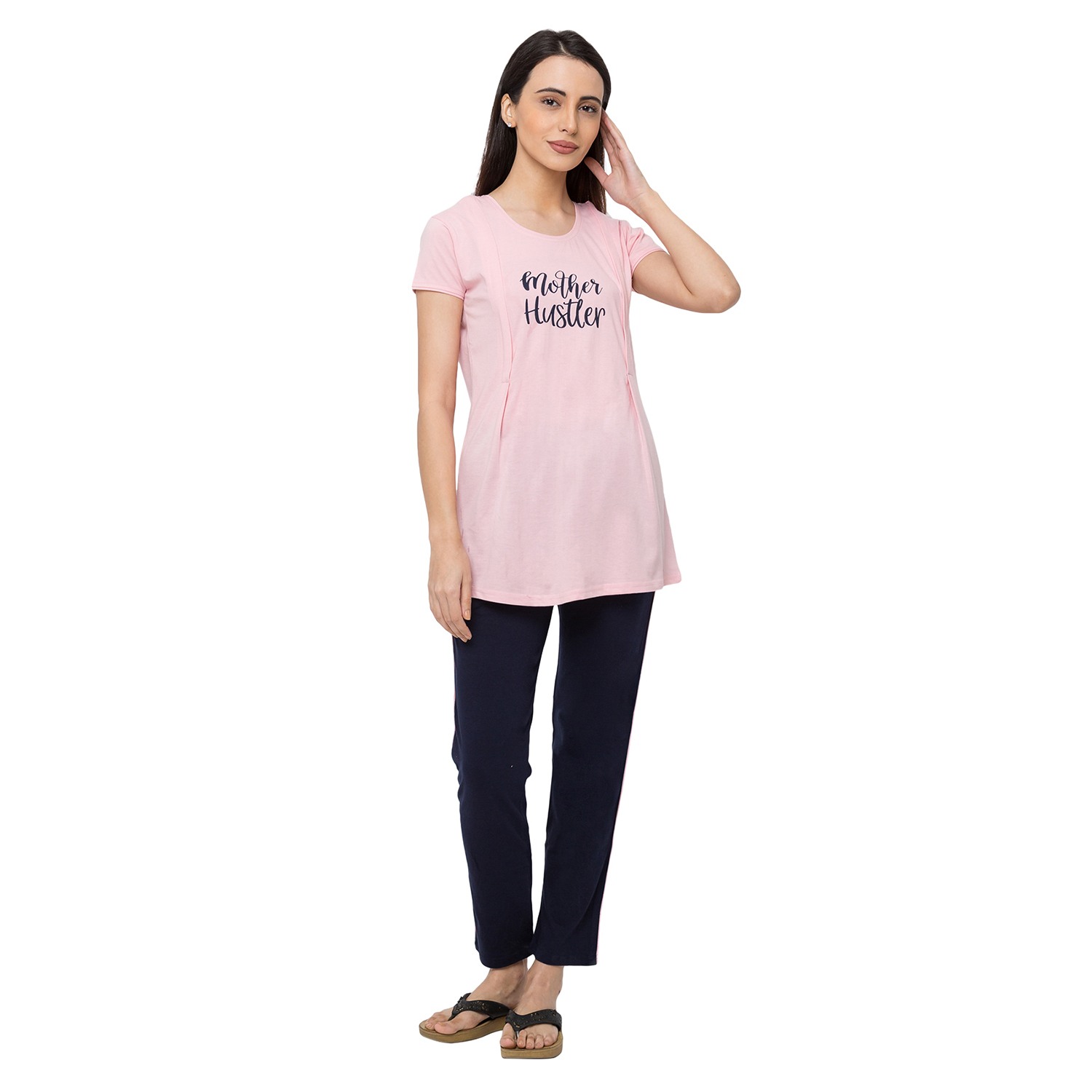 Women Short Sleeve Nightsuit - Pink & Navy Blue