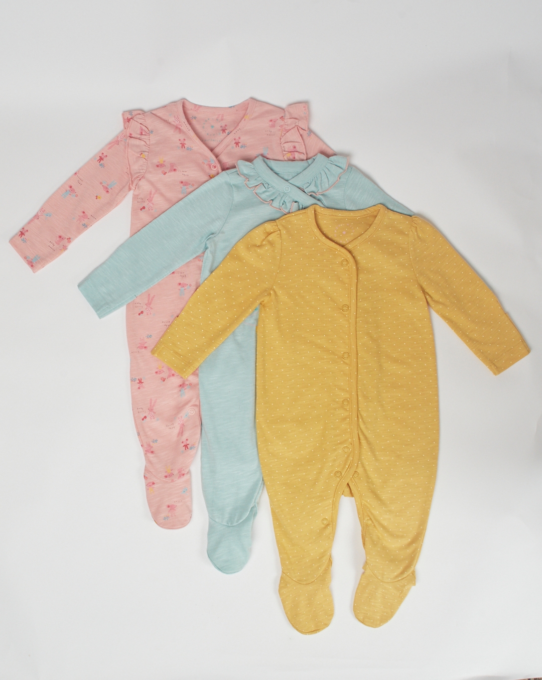 Mothercare | Girls Full Sleeves Sleepsuit Mouse Print And Frill Detail - Pack Of 3 - Multicolor 0