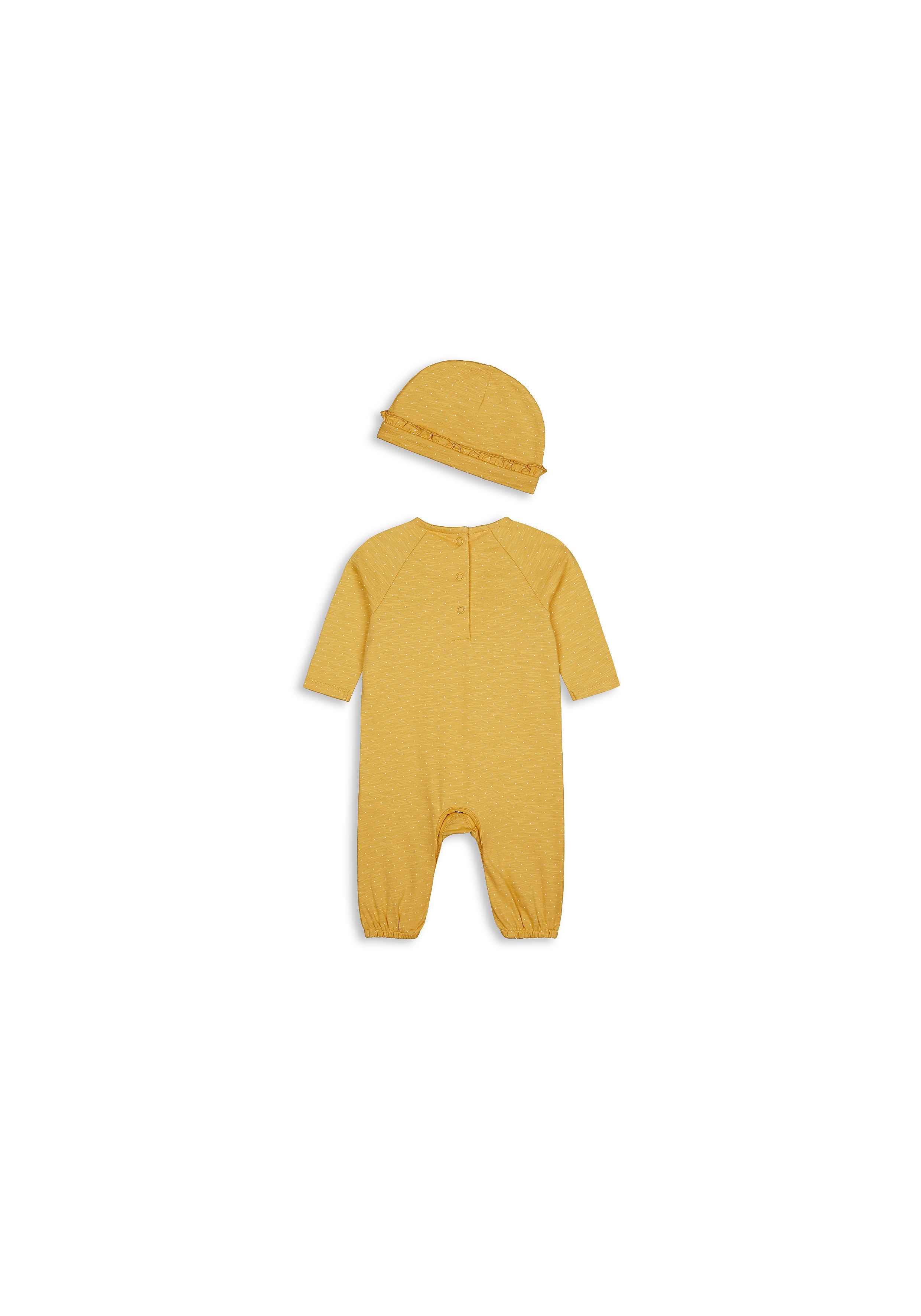 Mothercare | Girls Full Sleeves Romper And Hat Set Frills And Mouse Embroidery - Yellow 1
