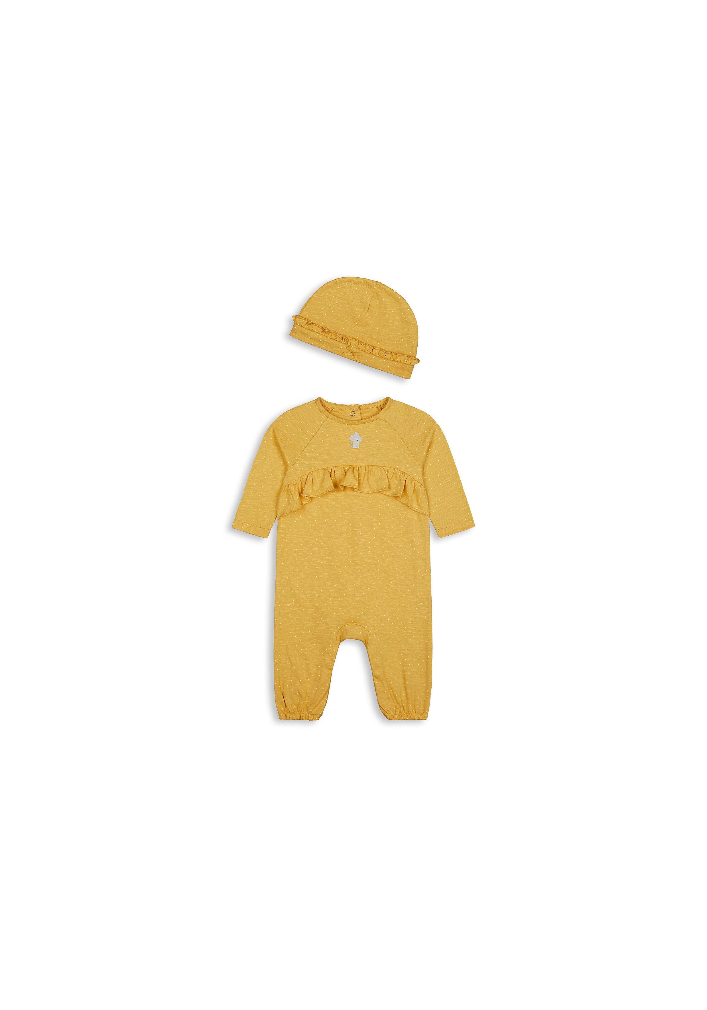 Mothercare | Girls Full Sleeves Romper And Hat Set Frills And Mouse Embroidery - Yellow 0