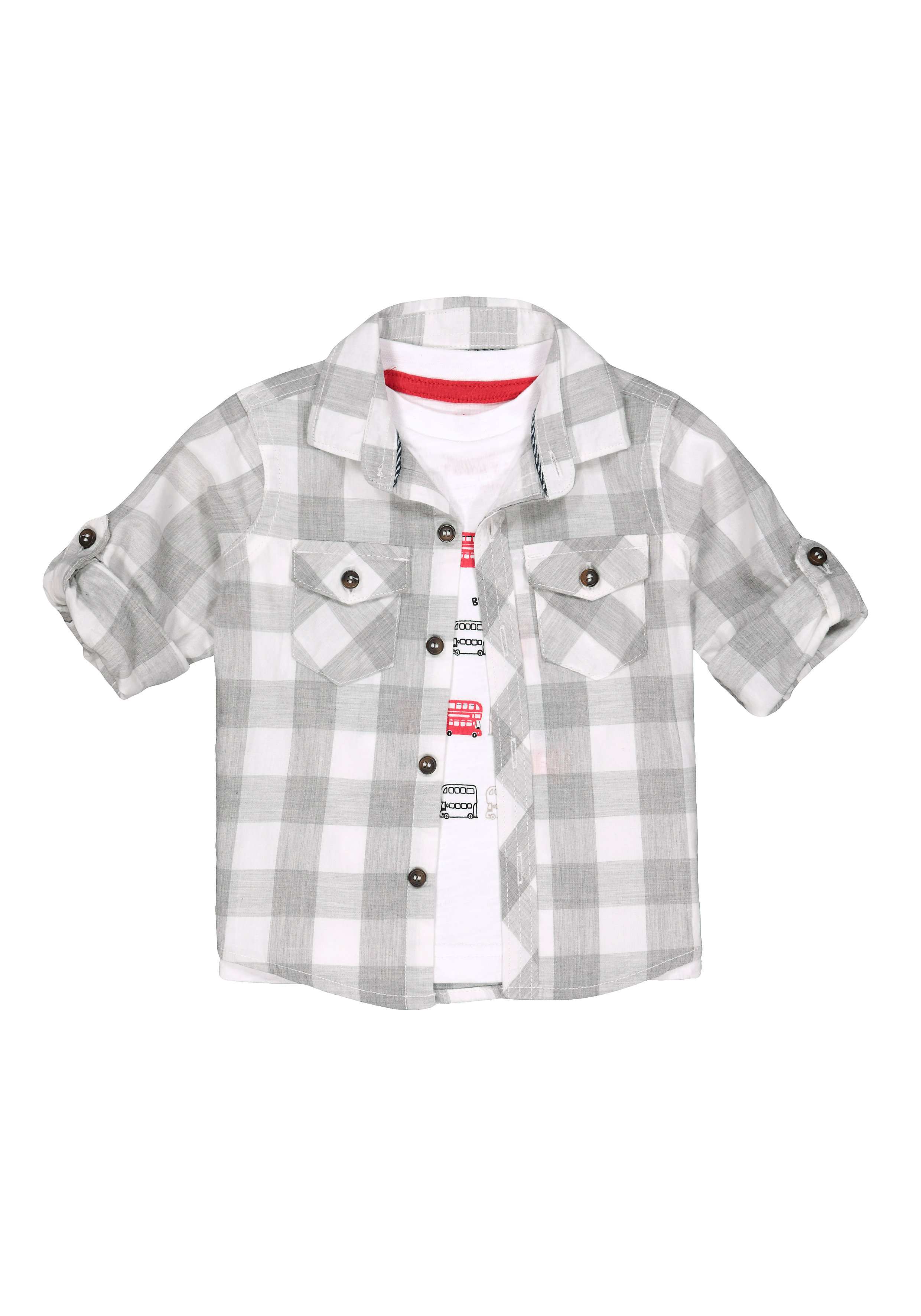 Boys Full Sleeves Check Shirt And Tee Set Bus Print - Grey
