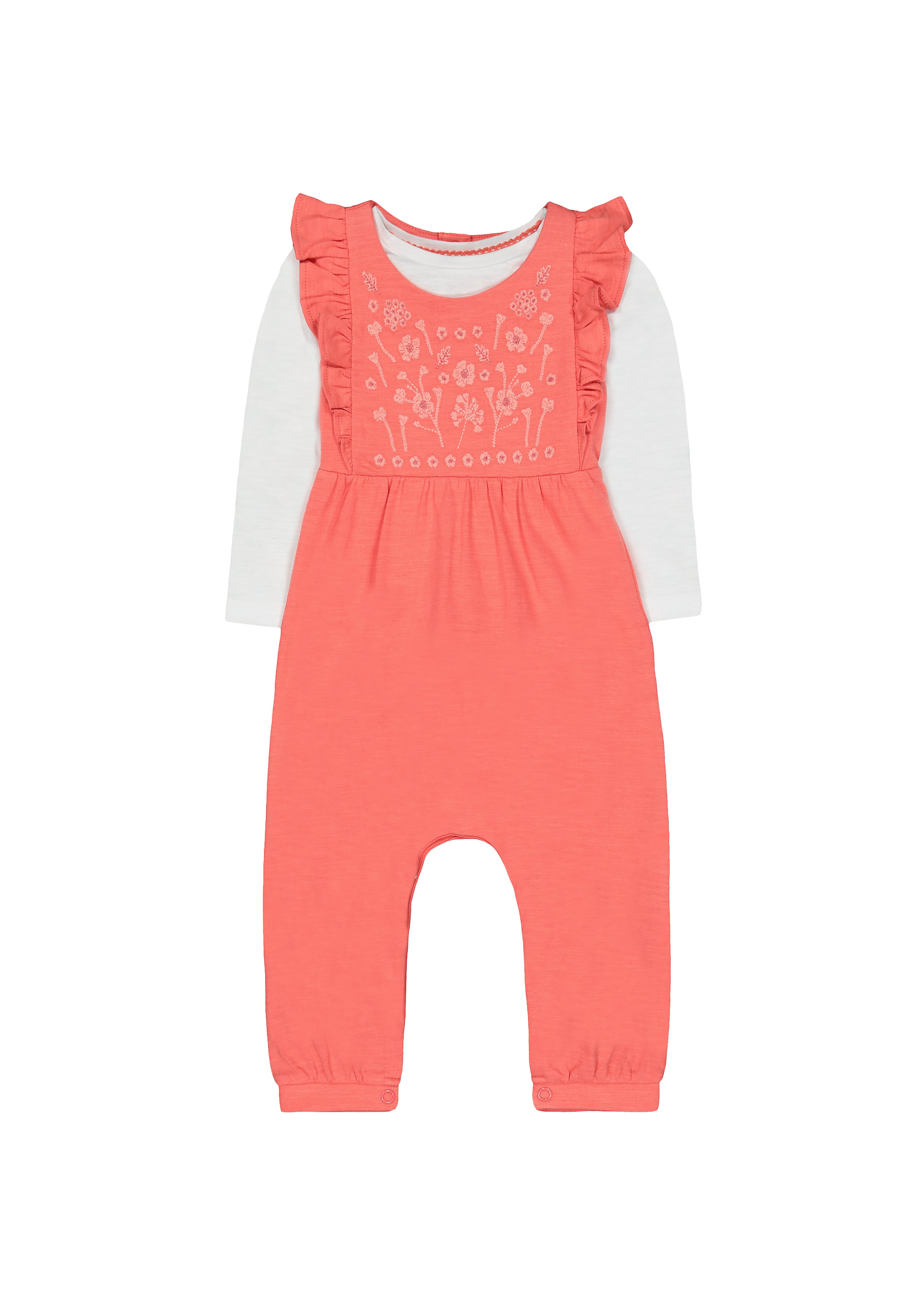 Mothercare | Girls Full Sleeves Dungaree Set Floral Embroidery - Coral 0