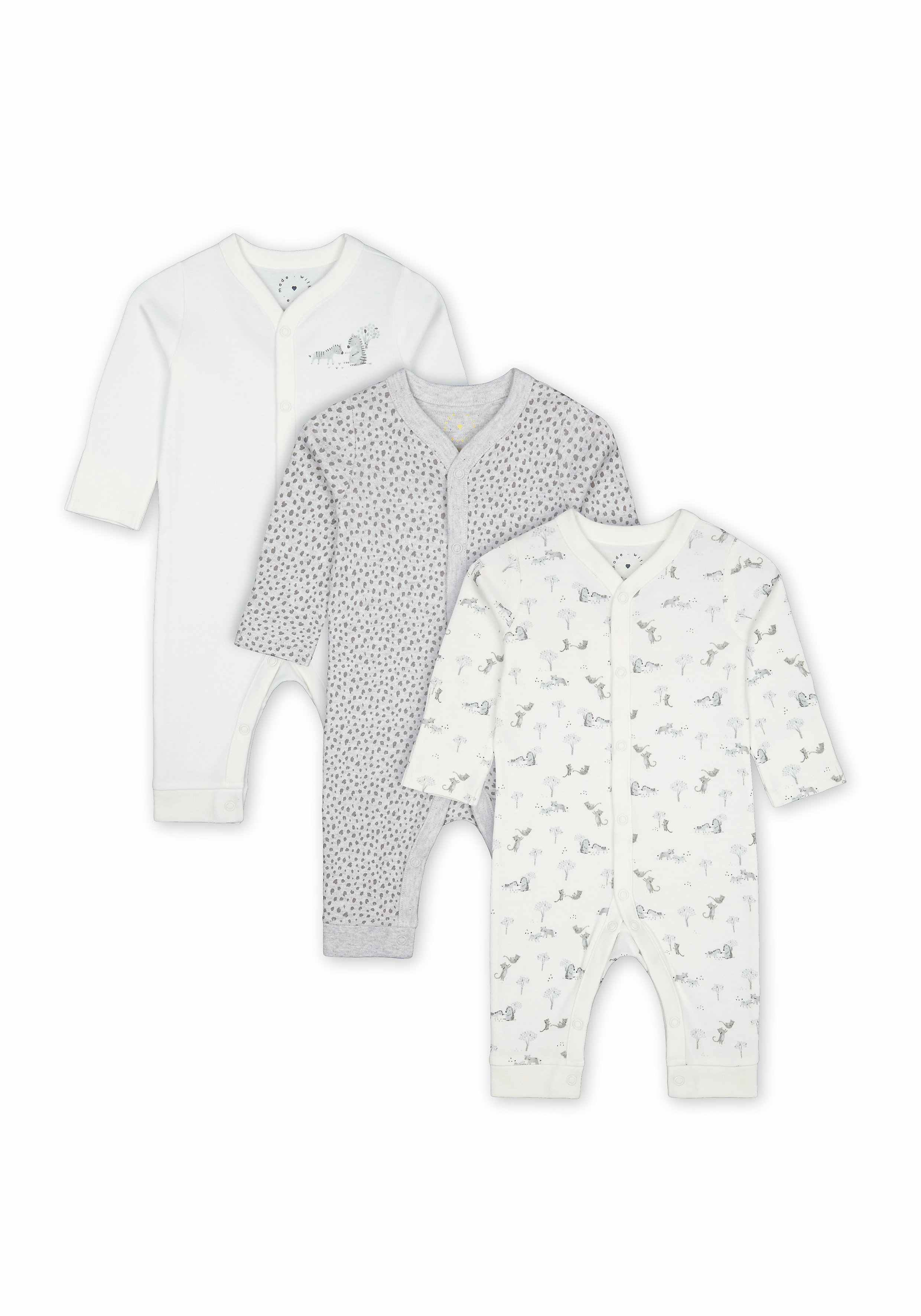 Unisex Full Sleeves Sleepsuit Leopard Print - Pack Of 3 - Grey