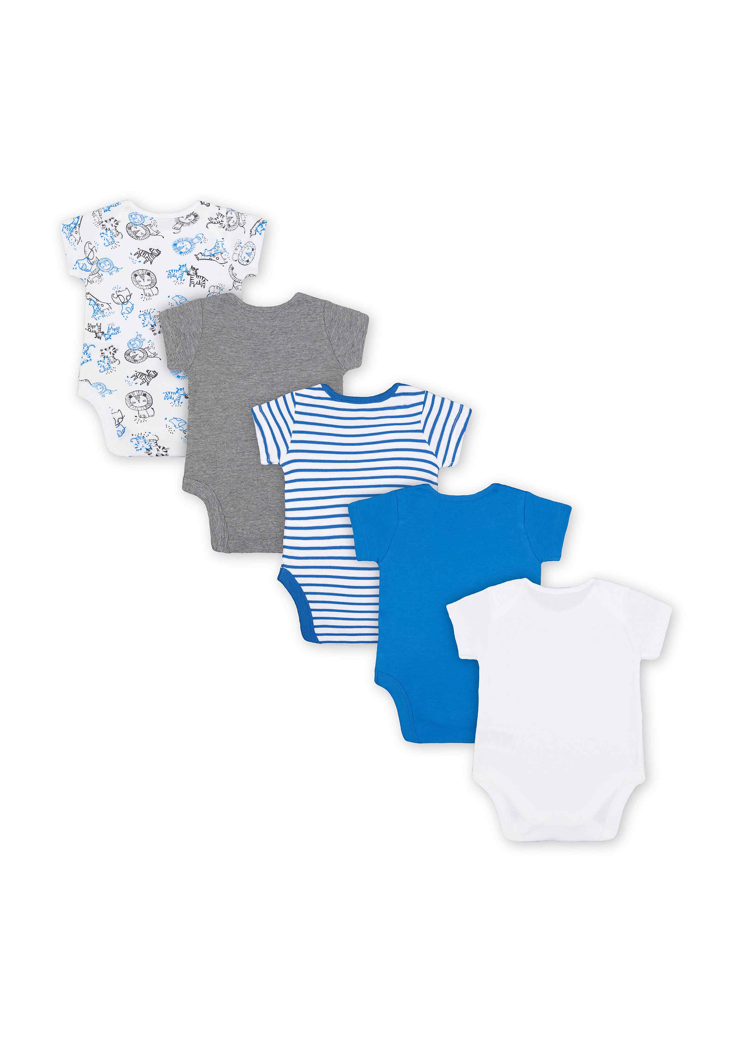 Mothercare | Boys Half Sleeves Bodysuit Striped And Animal Print - Pack Of 5 - Multicolor 1